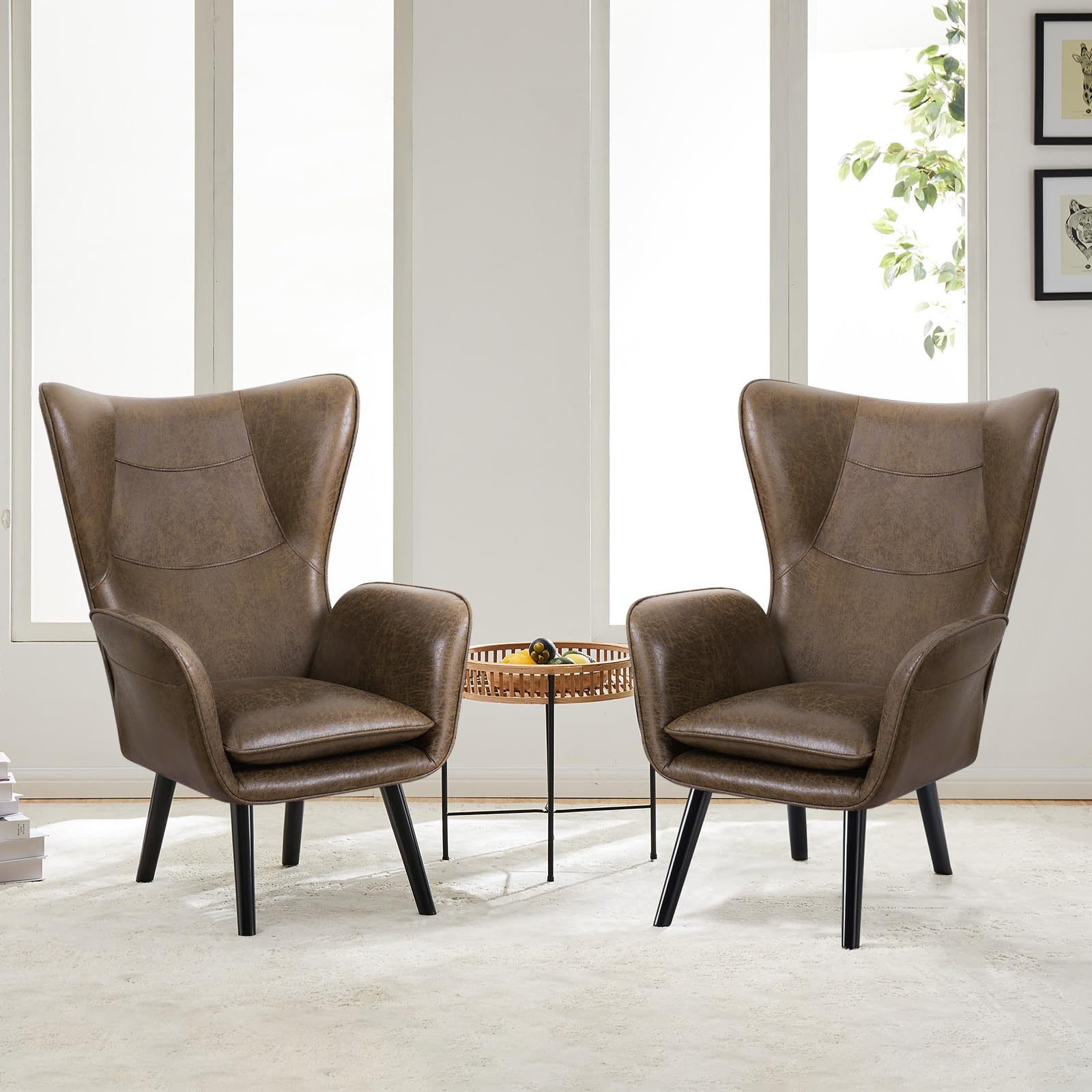 Modern Wingback Accent Chairs Set of 2 - Solid Wood Legs & Leathaire Upholstered Lounge Armchairs for Living Room, Bedroom - Rustic Brown - Perfect for Reading Nook, Home Office or Cozy Corner Decor