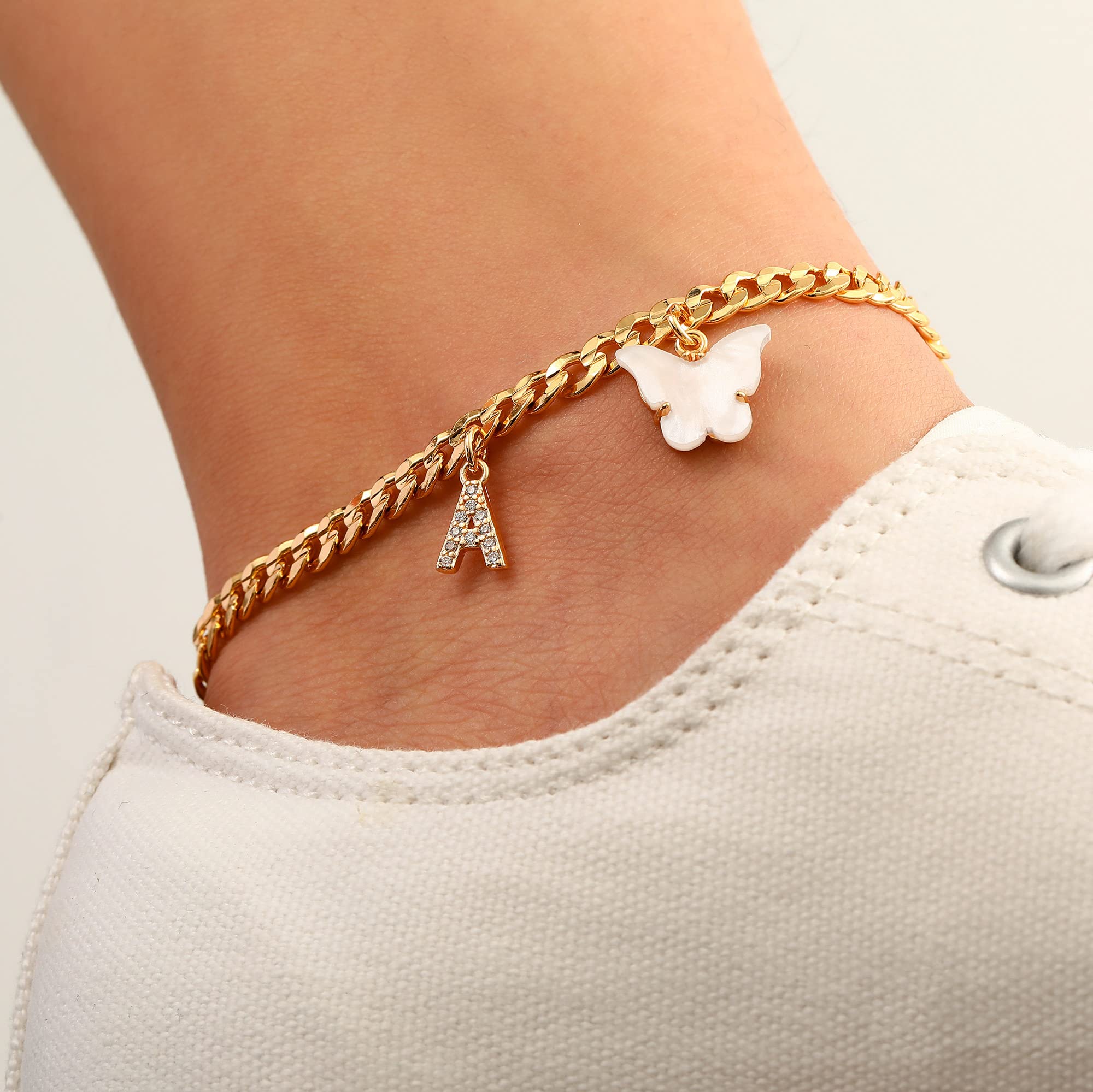 14K Gold Plated Heart Butterfly Initial Tennis Cuban Ankle Bracelet for Women - Elegant Charm Anklet with Cuban Chain, Perfect for Beach Vacations, Summer Outfits, and Gift Giving