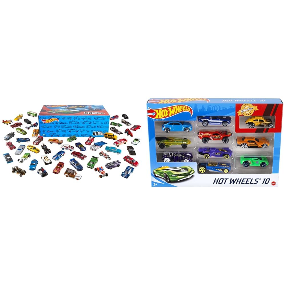 Hot Wheels 50-Piece Car Set - Random Miniature Toy Cars for Kids, 1:64 Scale with Realistic Details & 10-Piece Bonus Set - Perfect for Playtime, Collecting & Gift Giving