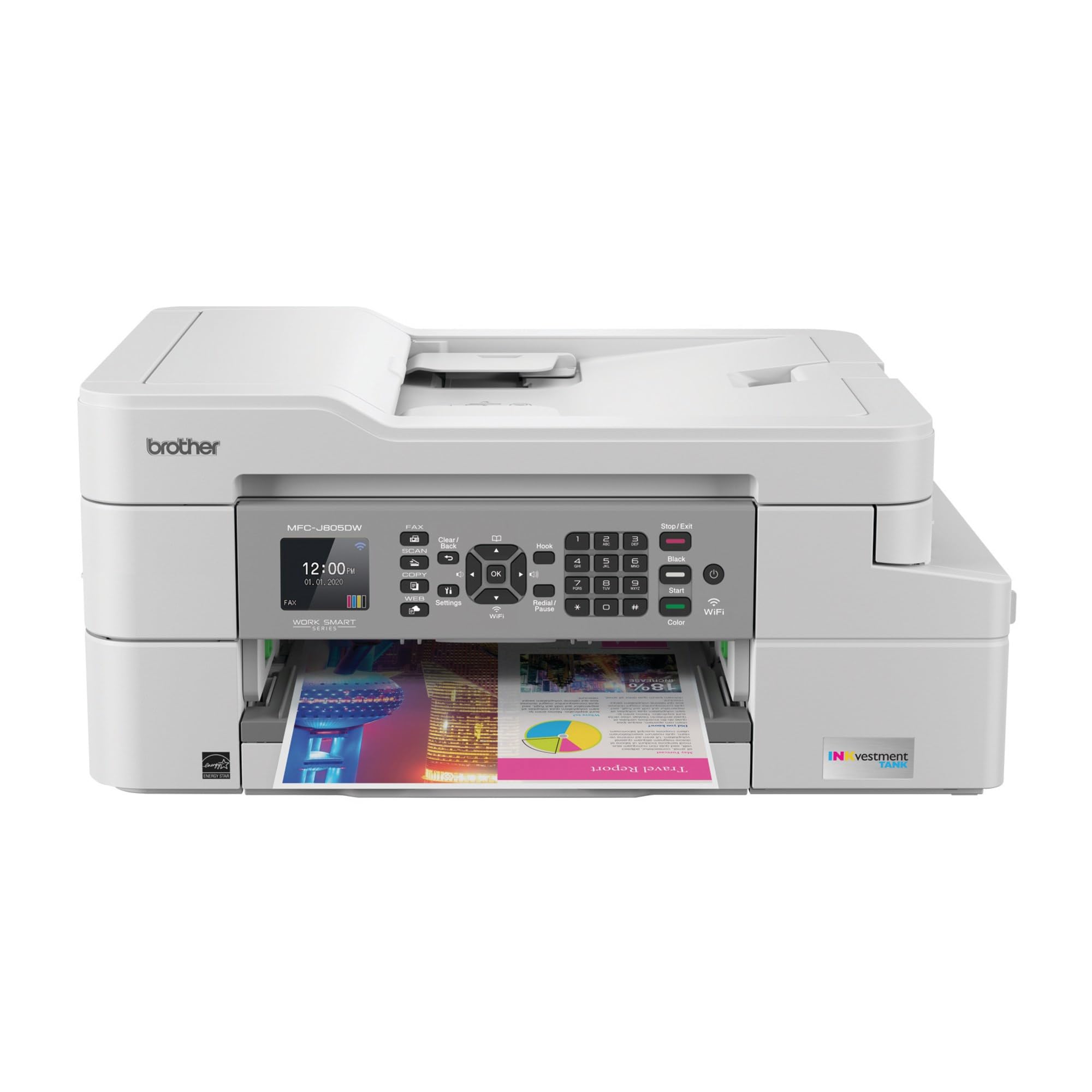 Brother MFC-J805DW Wireless Color Inkjet All-in-One Printer with Mobile Printing, Duplex Scanning & Copying, 1-Year Ink Supply, White – Ideal for Home Office & Small Business Use
