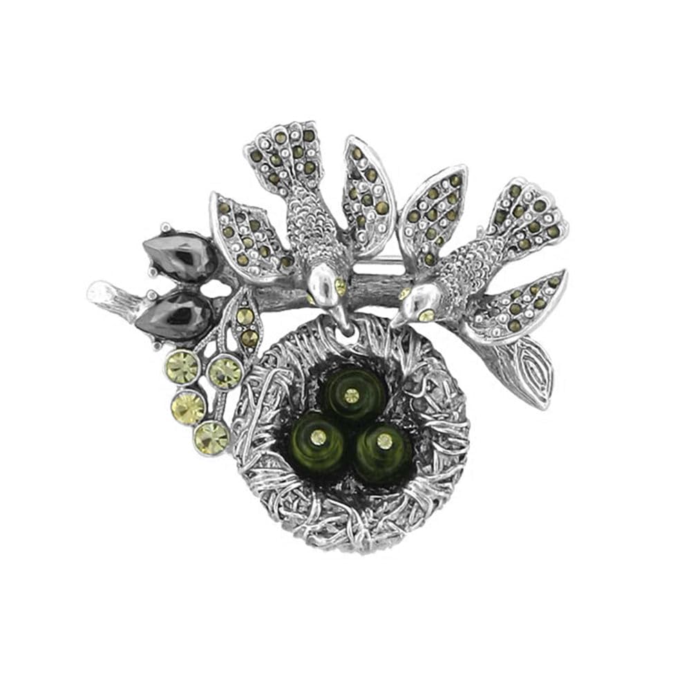 Women's Silver Tone Genuine Marcasite Faux Pearl Bird Nest Brooch Pin - Elegant Vintage Jewelry for Dresses, Scarves, Hats & Coats - Perfect for Weddings, Parties & Formal Occasions