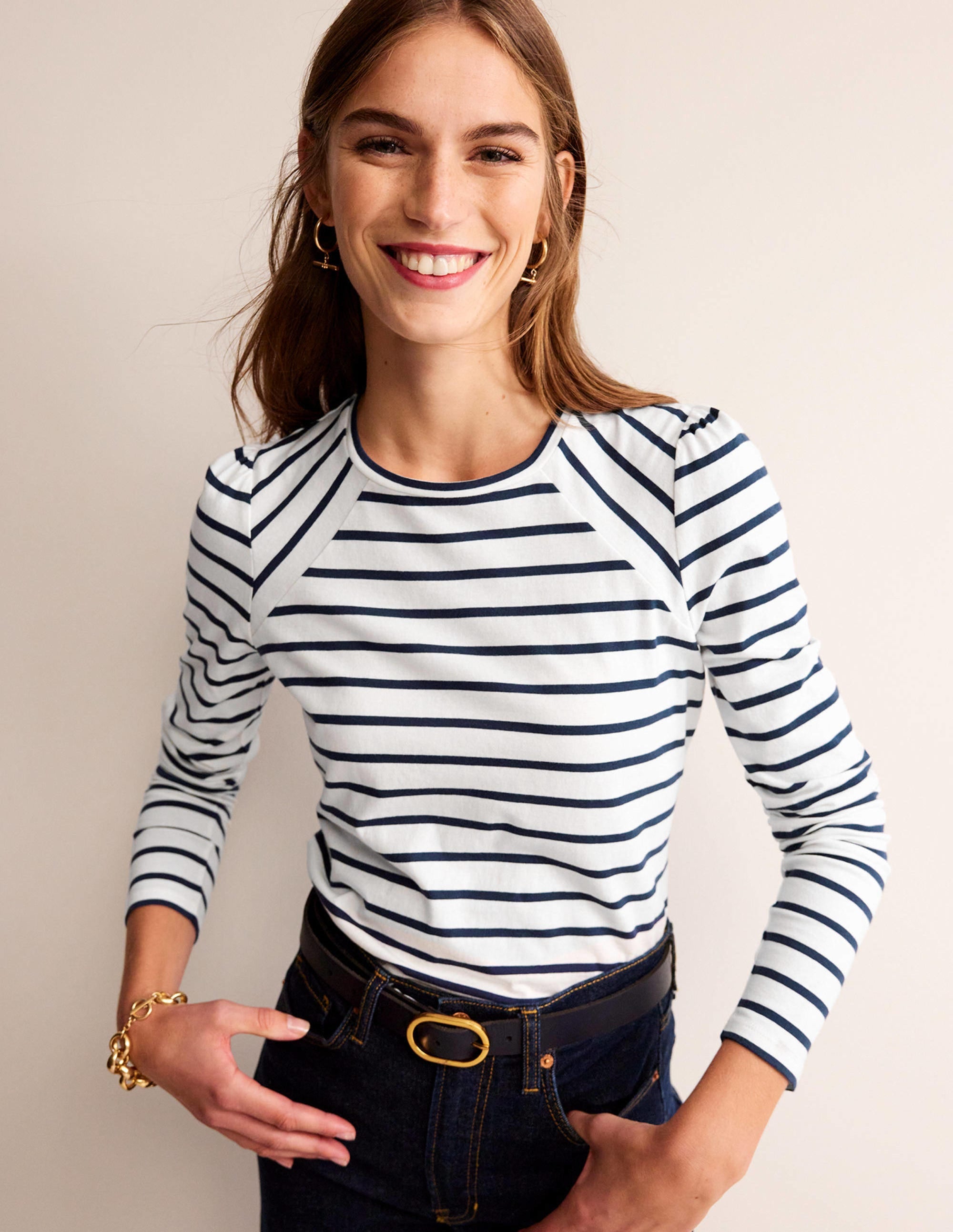 Arabella Striped T-Shirt for Women - Ivory & French Navy - Casual Summer Top for Outfits & Layering