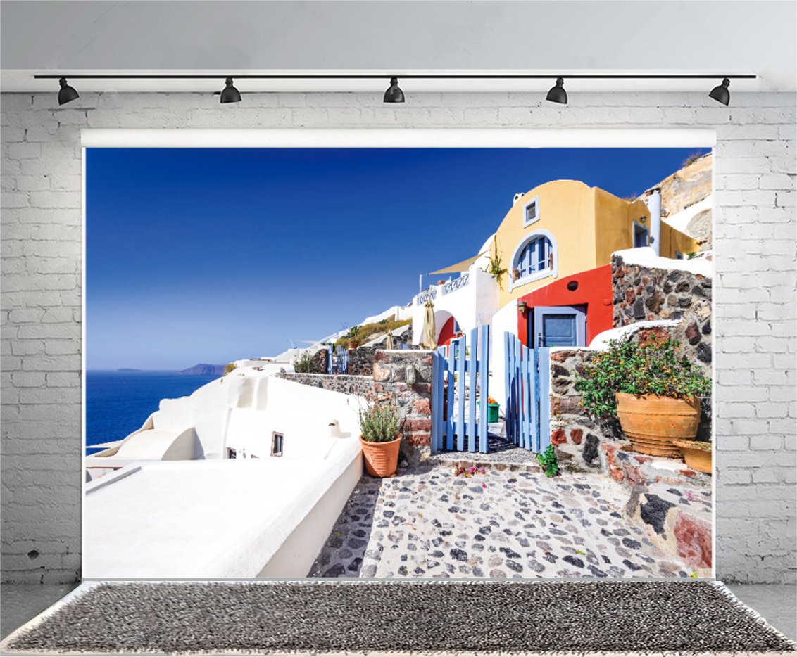 Santorini Greece Backdrop 6x4ft - Aegean Seascape Photography Background for Travel, Family Portraits & Photo Booth - Vinyl Wallpaper Studio Prop for Weddings, Parties & Events