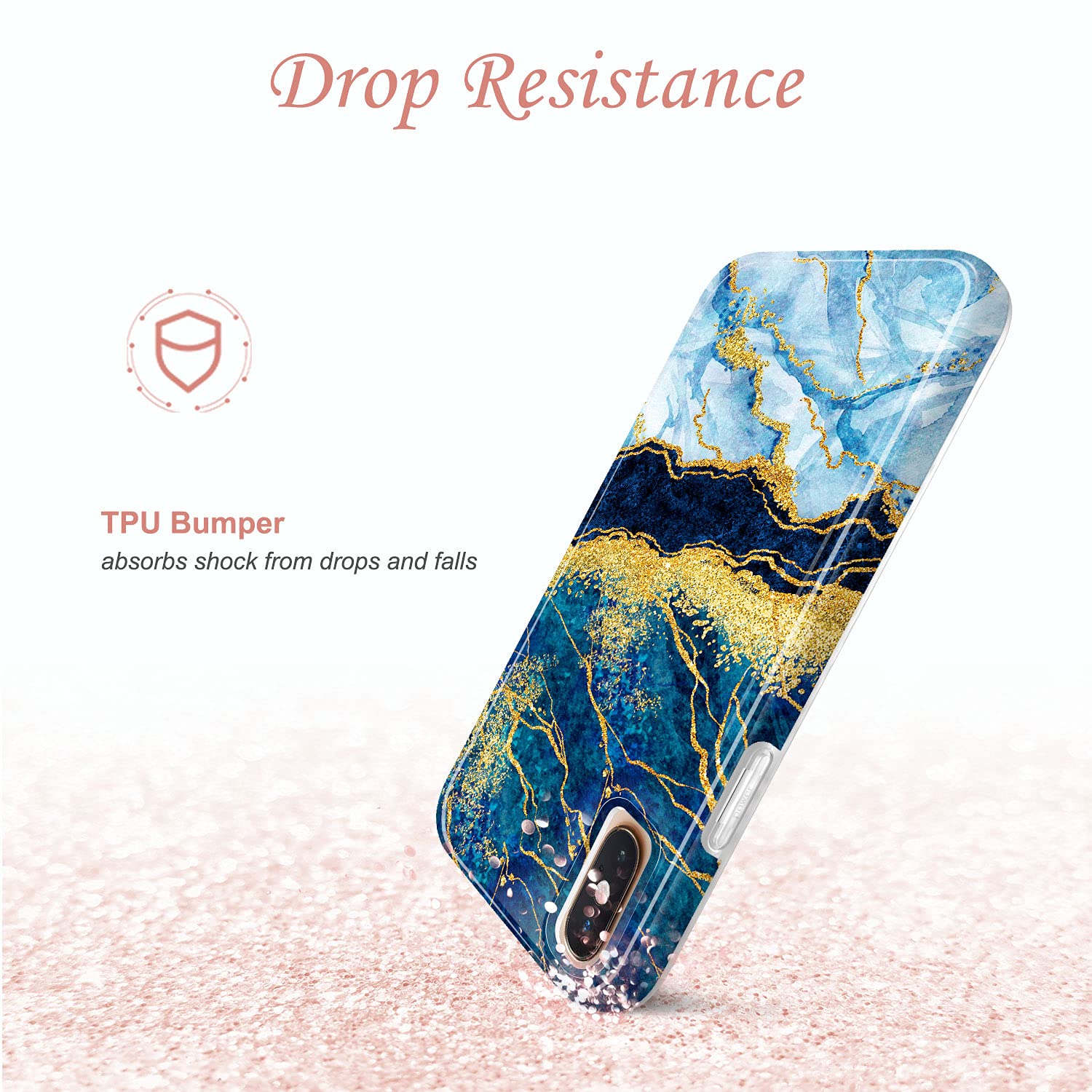 JIAXIUFEN iPhone X/Xs Case - Gold Sparkle Glitter Marble Slim Shockproof TPU Soft Silicone Cover (Dark Blue) | Protective Phone Case for Women, Everyday Use & Gift Giving