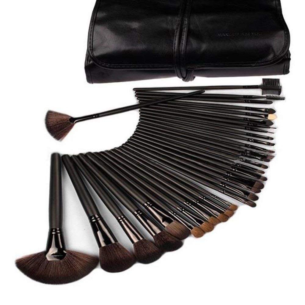 Premium 32-Piece MISS & MAM Makeup Brush Set with Natural/Synthetic Bristles, Leather Pouch, Sponge Puff & Brush Cleaner - Black | Professional Cosmetic Brushes for Foundation, Blush, Eyeshadow & More