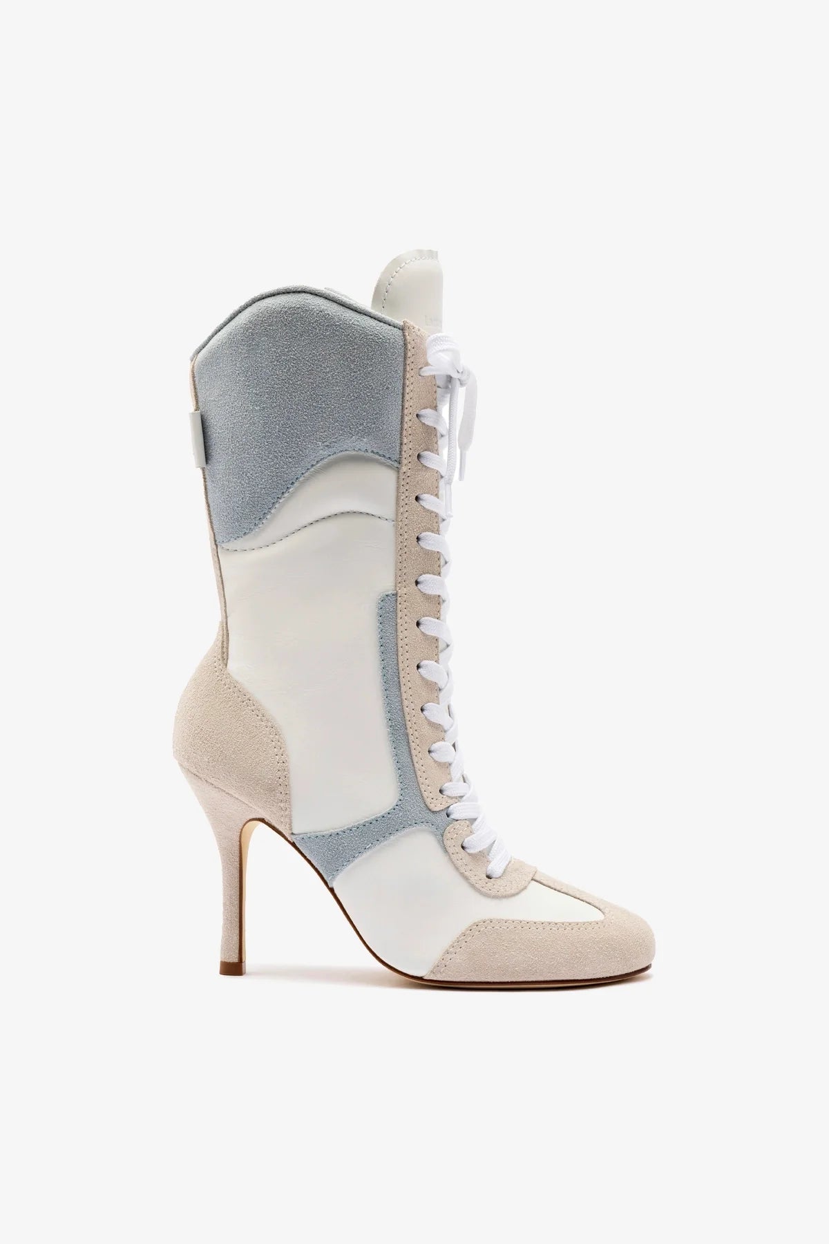 Larroudé x Jonathan Cohen White Leather High Heel Sneaker Boot with Maya & Mushroom Grey Suede - Stylish Women's Fashion Boots for Parties, Dating & Night Out