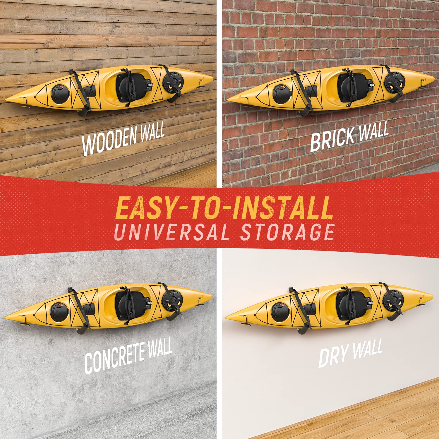 AA Products Heavy Duty Kayak Storage Wall Mount Racks - Set of 2 for Canoe, Kayak & Paddle Board Organization - Space Saving Garage or Outdoor Wall Hanging Hooks for Water Sports Equipment