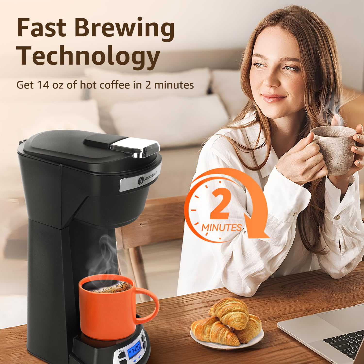 Aigostar Single Serve Coffee Maker for K-Cup & Ground Coffee - 24H Programmable Timer, 6-14 Oz Brew Size, Fast Brewing Capsule Machine with Self-Cleaning Function, Fits Travel Mugs - Perfect for Home, Office & Dorm Use