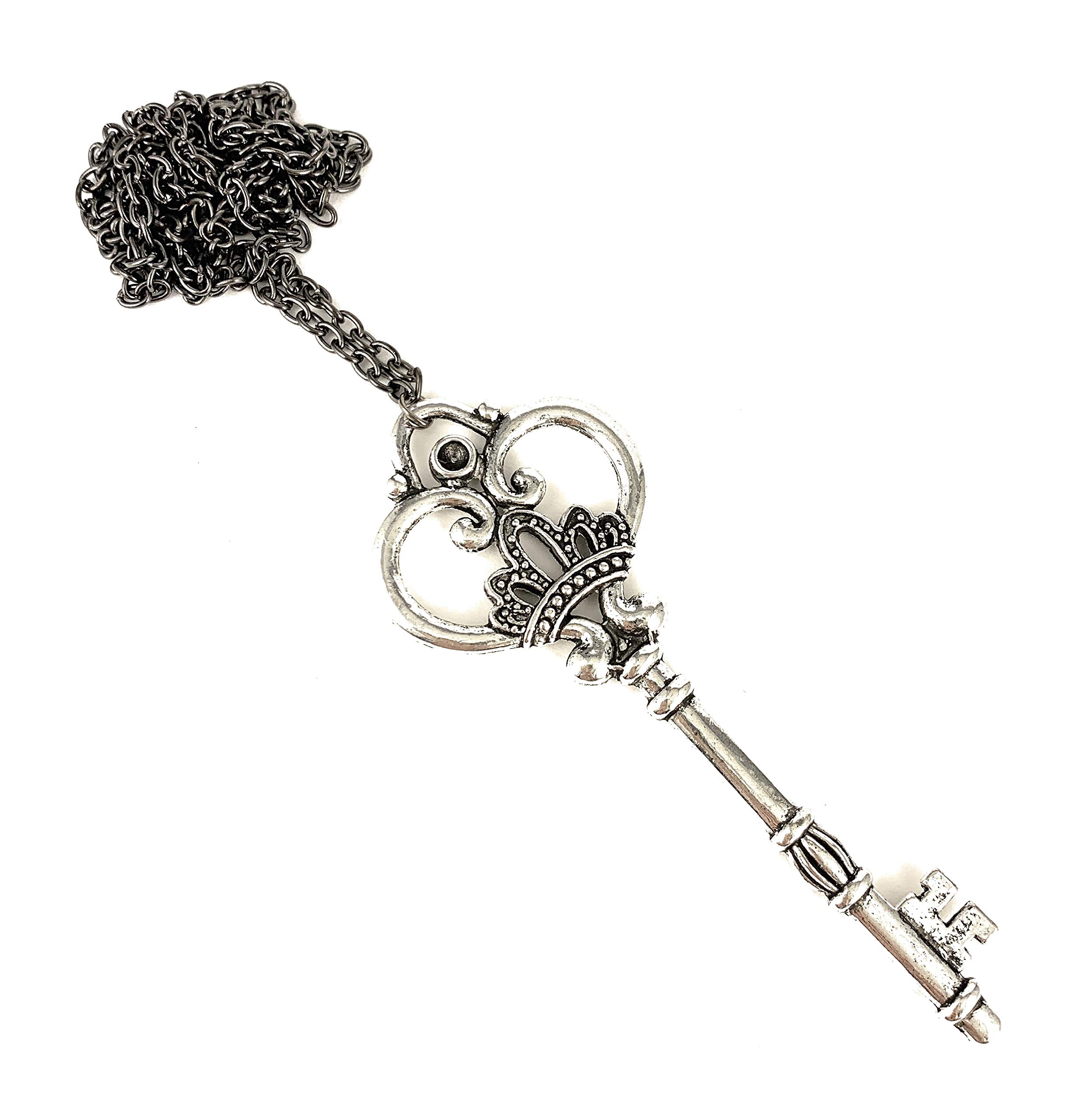 Antiqued Silver Skeleton Key Pendant Necklace - 27 Inch Dark Grey Chain for Women, Vintage Style Jewelry Gift - Perfect for Parties, Weddings & Everyday Wear