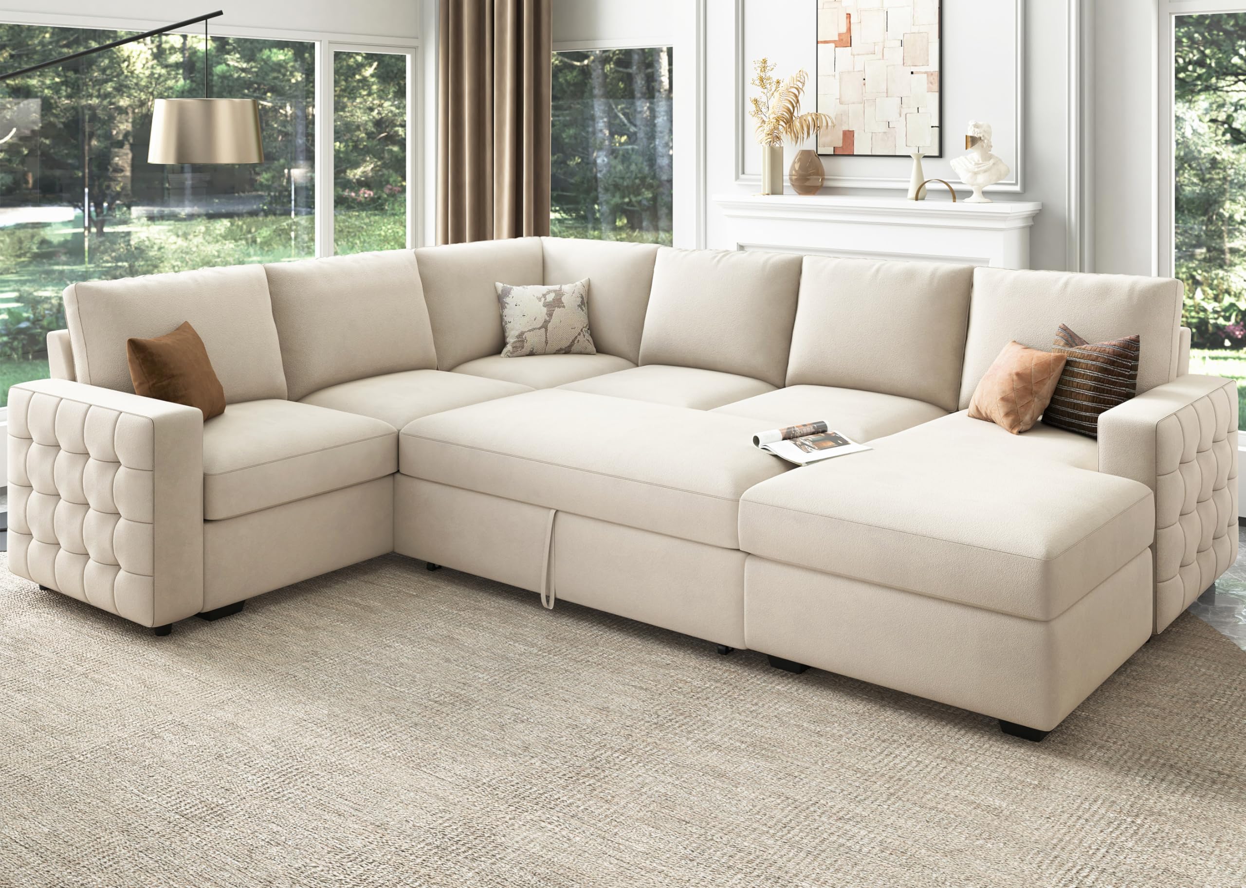 HONBAY U-Shaped Velvet Beige Sectional Sofa with Pull-Out Bed & Storage | Modern Sleeper Couch for Small Spaces | Perfect for Living Rooms, Apartments & Guest Rooms