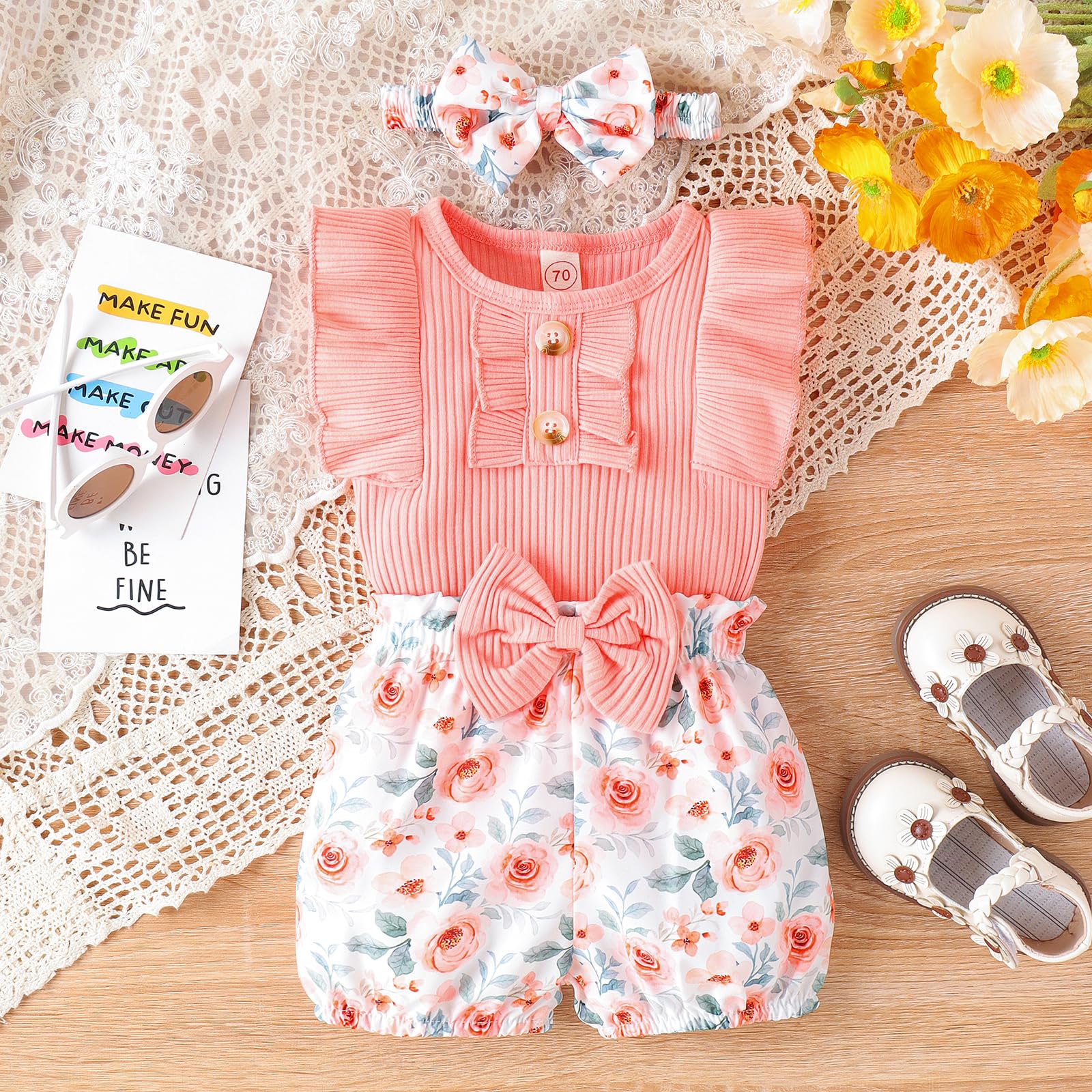 Newborn Baby Girl Clothes Outfits - Cute Ruffle Romper & Shorts Set with Headband | Infant Bodysuits for Photo Shoots, Parties & Everyday Wear