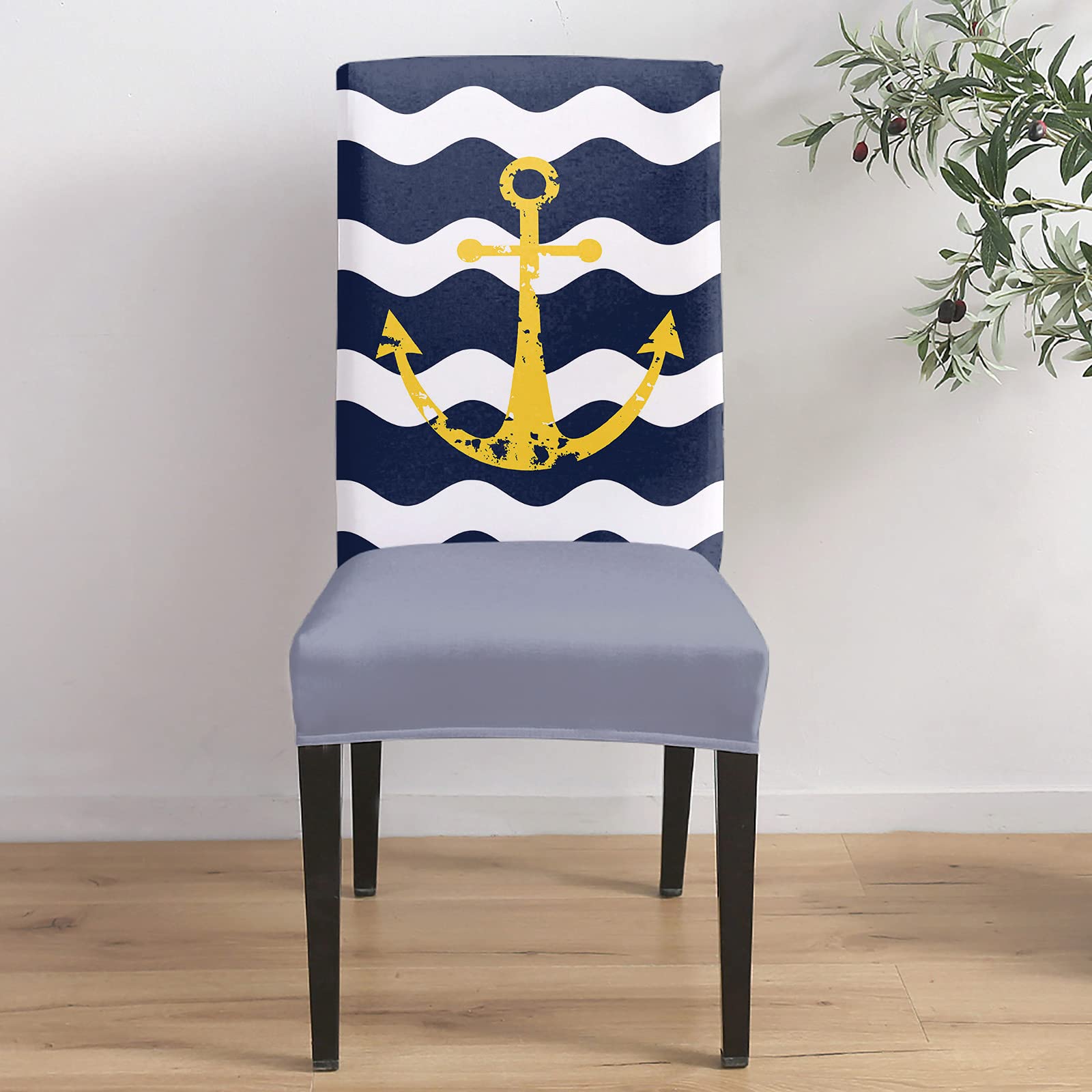 Navy Blue Ripple Stripes Yellow Anchor Dining Room Chair Covers Set of 4 - Stretch Removable Universal Slipcovers for Kitchen, Ceremony, Banquet & Hotel - Perfect for Home Decor, Wedding Reception & Restaurant Seating Protection