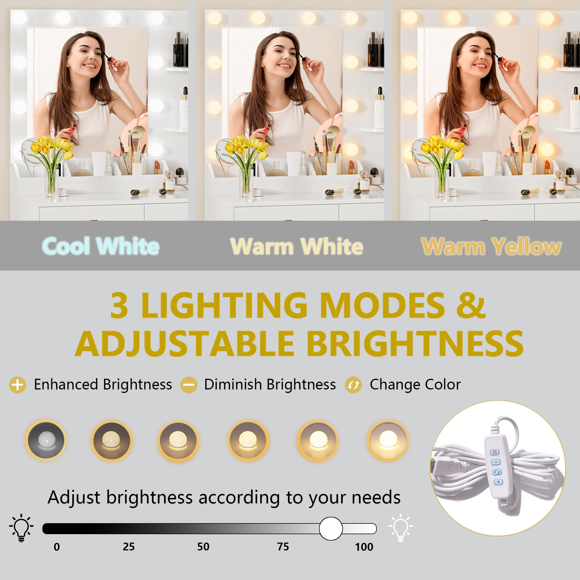 Vanity Desk with Mirror and LED Lights - Makeup Vanity Table Set with 5 Storage Drawers, Power Outlet & Stool - Small Dressing Table with Adjustable RGB Ambient Lighting - Perfect for Girls Bedroom, Home Salon or Bridal Makeup Station - White