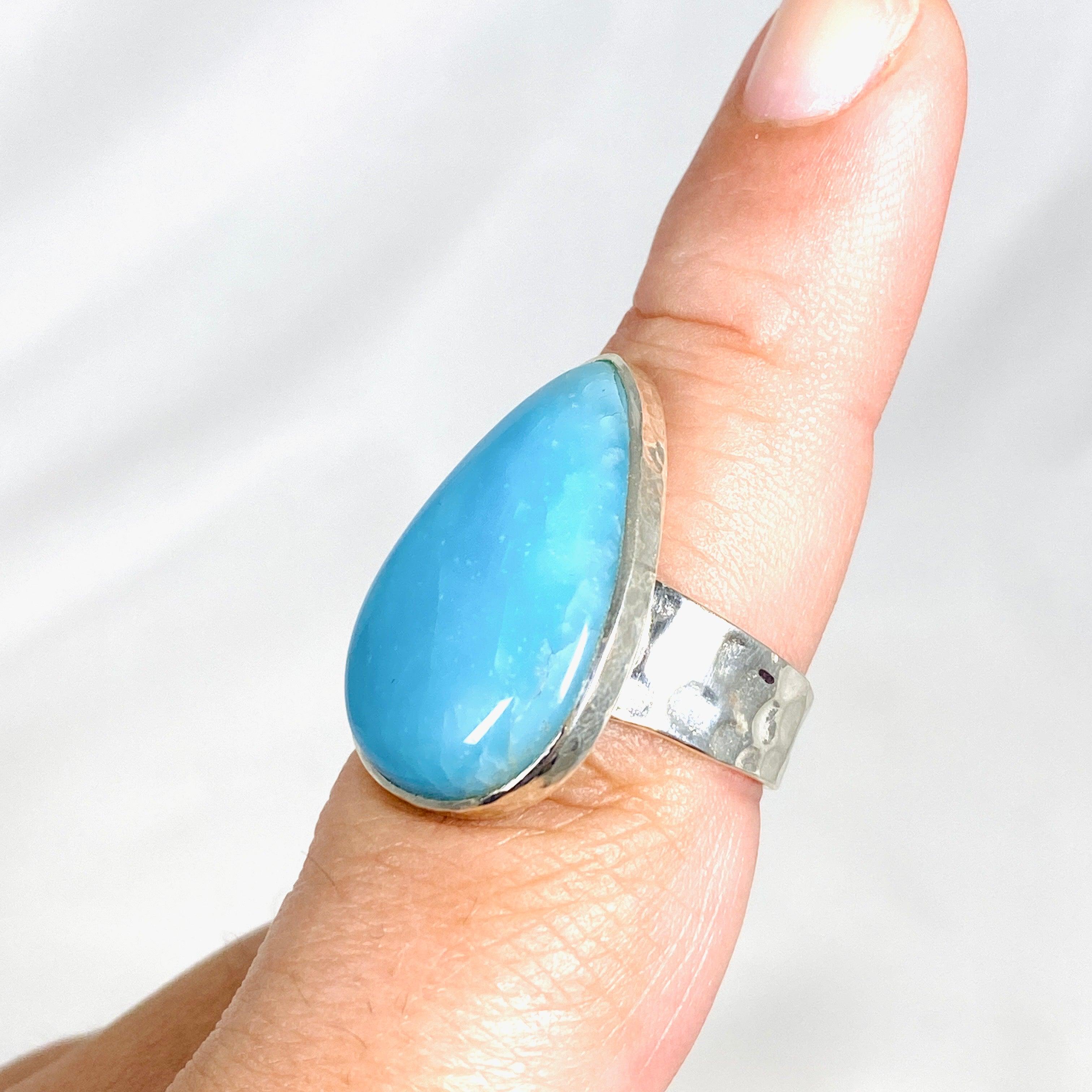 Natural Hemimorphite Teardrop Hammered Band Ring - Size 9 - KRGJ3117 - Boho Chic Jewelry for Women, Perfect for Everyday Wear & Special Occasions