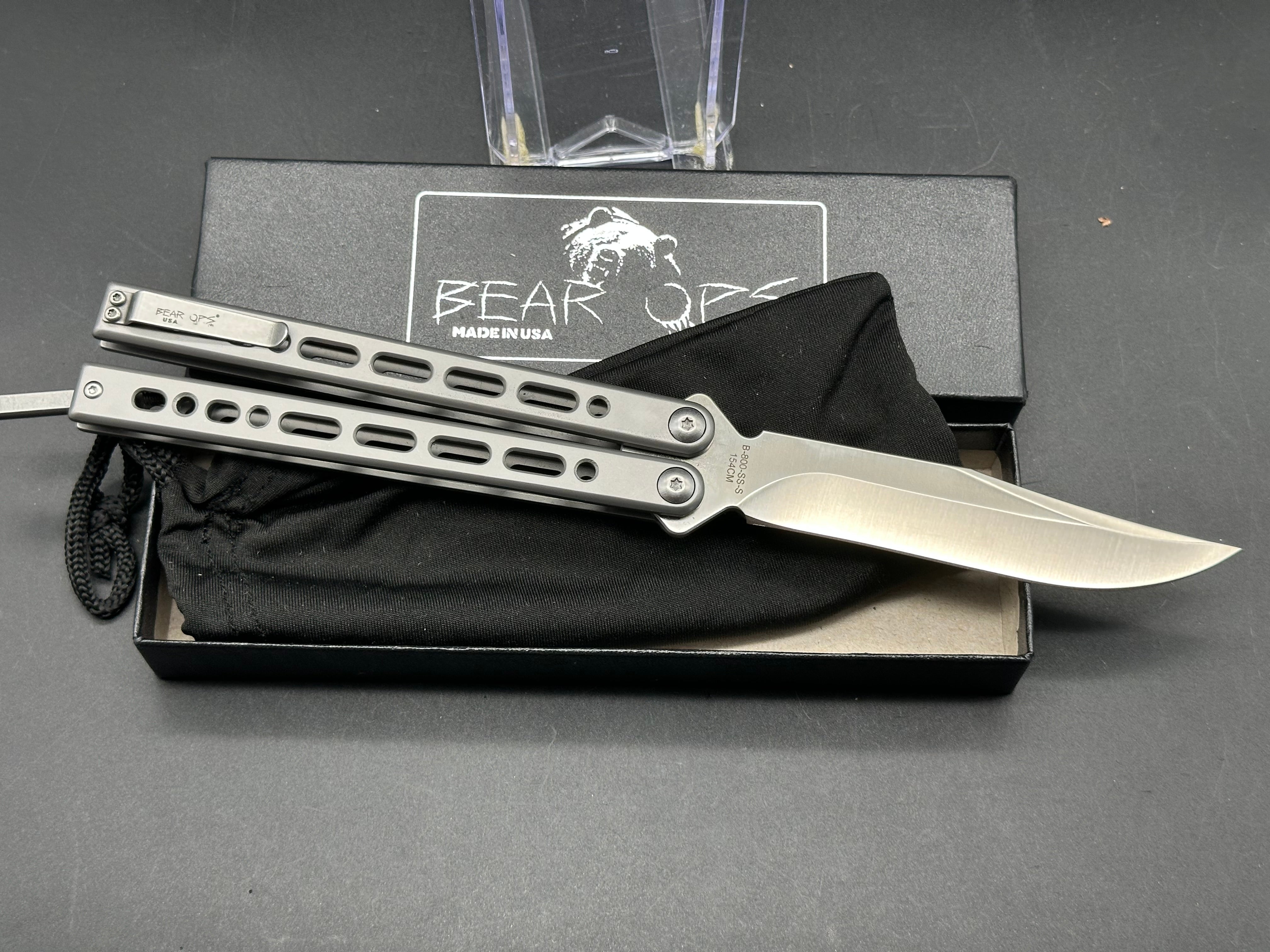 Bear OPS Bear Song VIII Silver Steel Frame Balisong Butterfly Knife - 154CM Satin Polished Bowie Blade for EDC, Outdoor Survival & Collection - Perfect for Flipping Tricks, Camping & Knife Enthusiasts