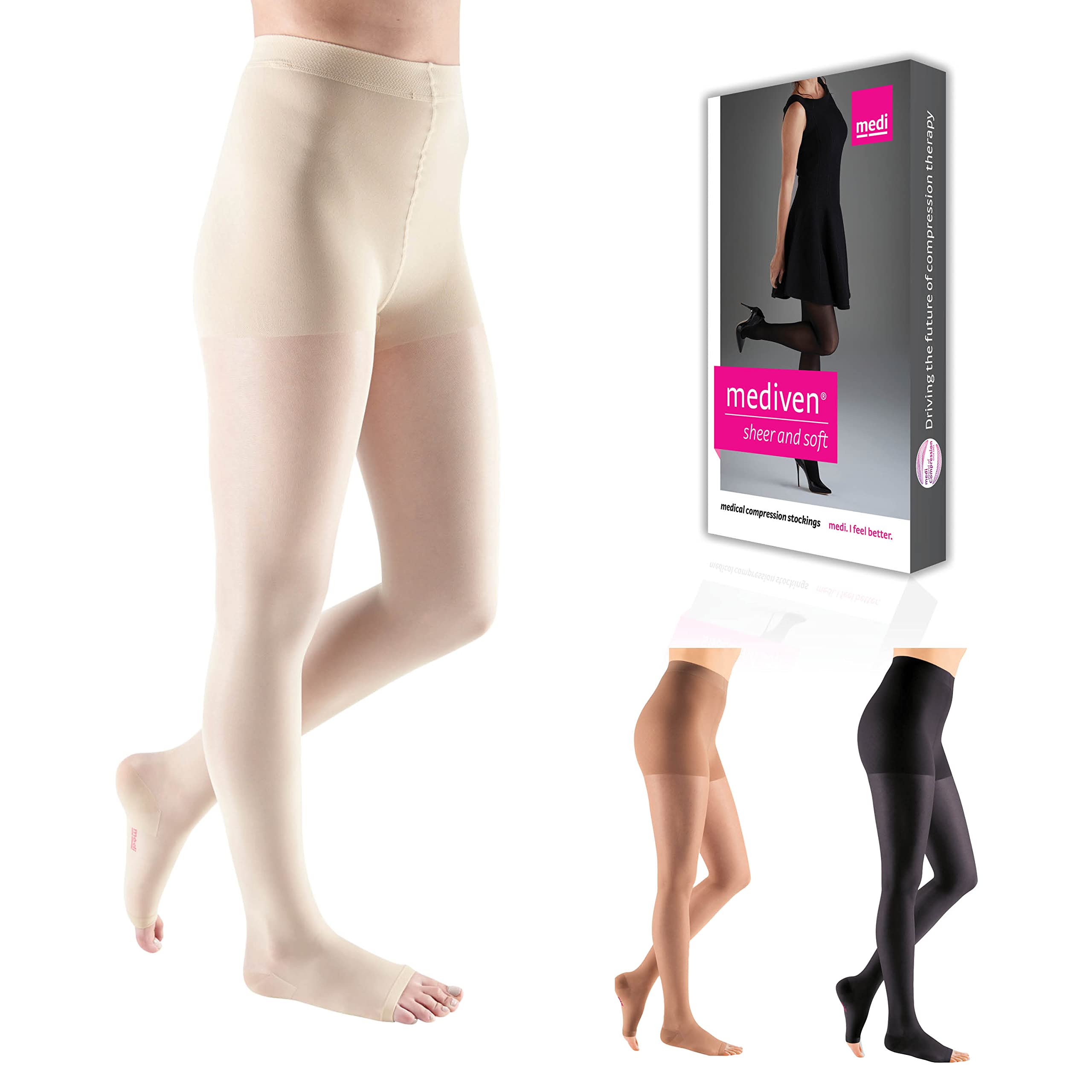 Mediven Sheer & Soft Women's 20-30 mmHg Open Toe Compression Stockings - Wheat Color, V-Standard - Perfect for Varicose Veins, Swelling & Travel Comfort