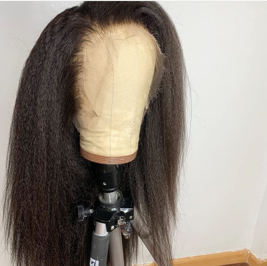 13x4 V-Part Lace Front Human Hair Wig - 150% Density Brazilian Kinky Straight Middle Part Wig with Italian Yaki Texture (22 Inches) - Perfect for Daily Wear, Cosplay & Special Occasions