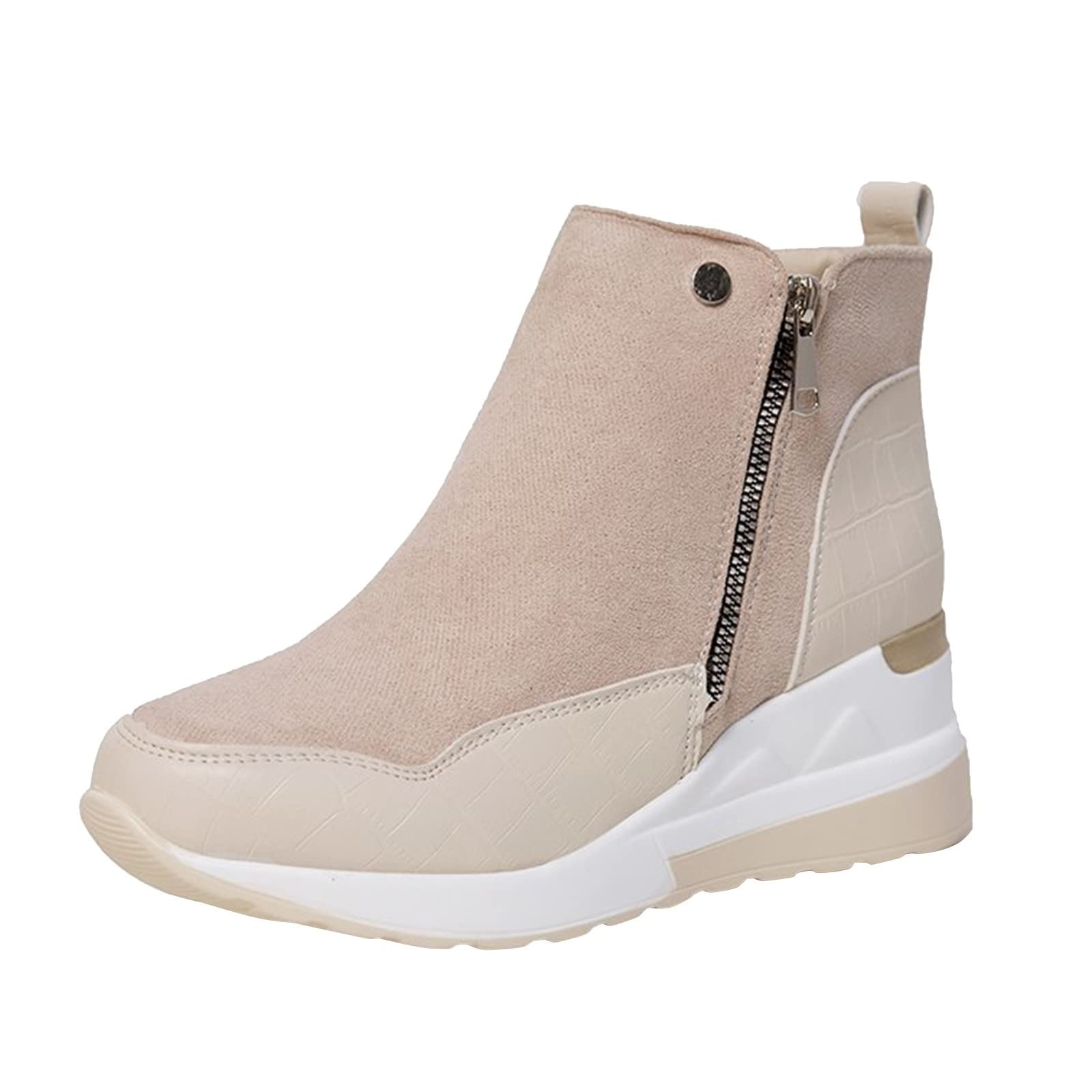 Women's Warm Thermal Casual Boots with Zipper - Flock Sneaker Ankle Boots with Short Wedge Heel, Lace-Up Design - Size 8.5 (Beige) - Perfect for Winter Walking, Outdoor Activities & Fashion Outfits