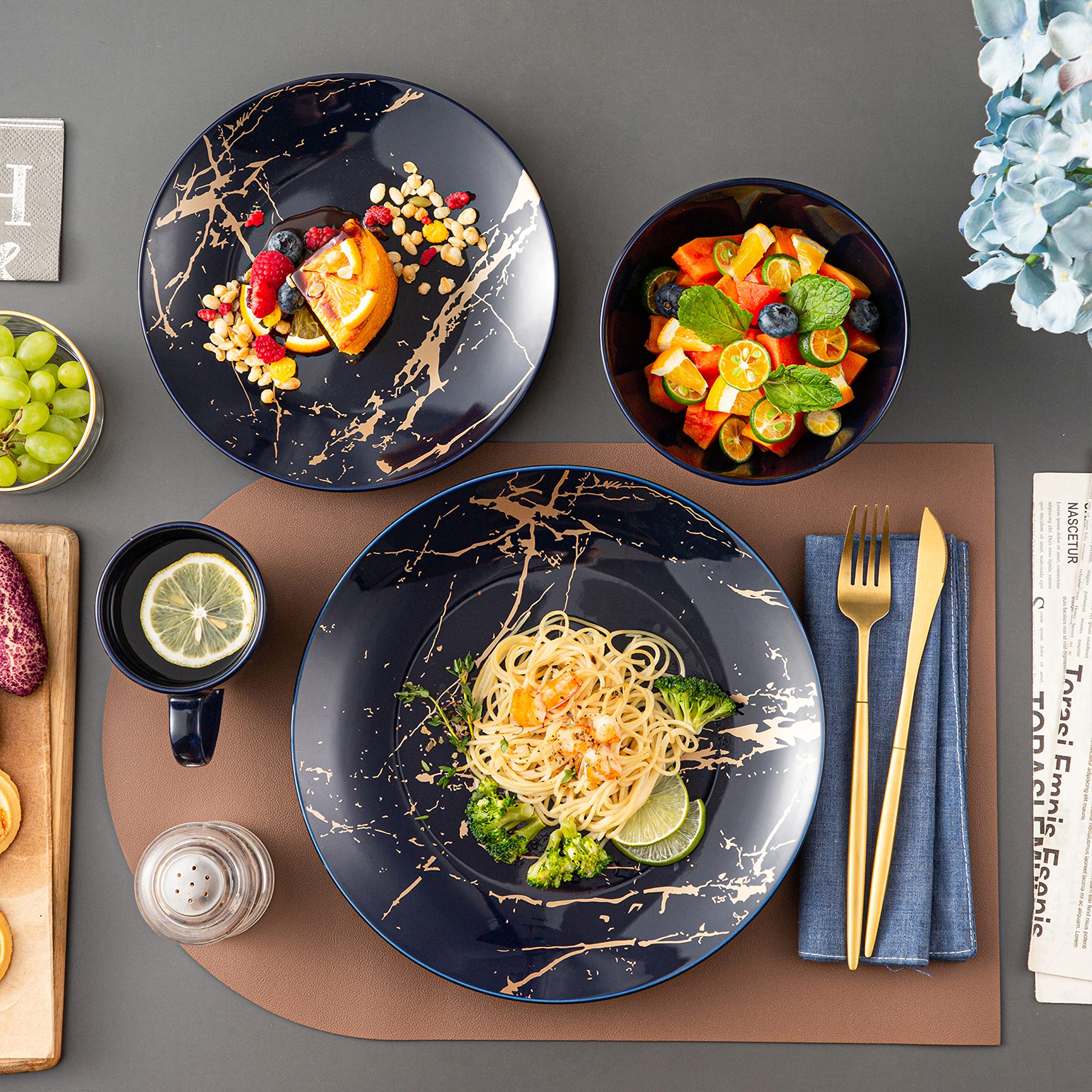 LOVECASA 16-Piece Porcelain Dinnerware Set for 4 - Elegant Dark Blue Color Glaze with Gold Trim, Includes Dinner Plates, Dessert Plates, Bowls & Mugs - Perfect for Family Dinners, Holiday Entertaining & Restaurant-Style Dining