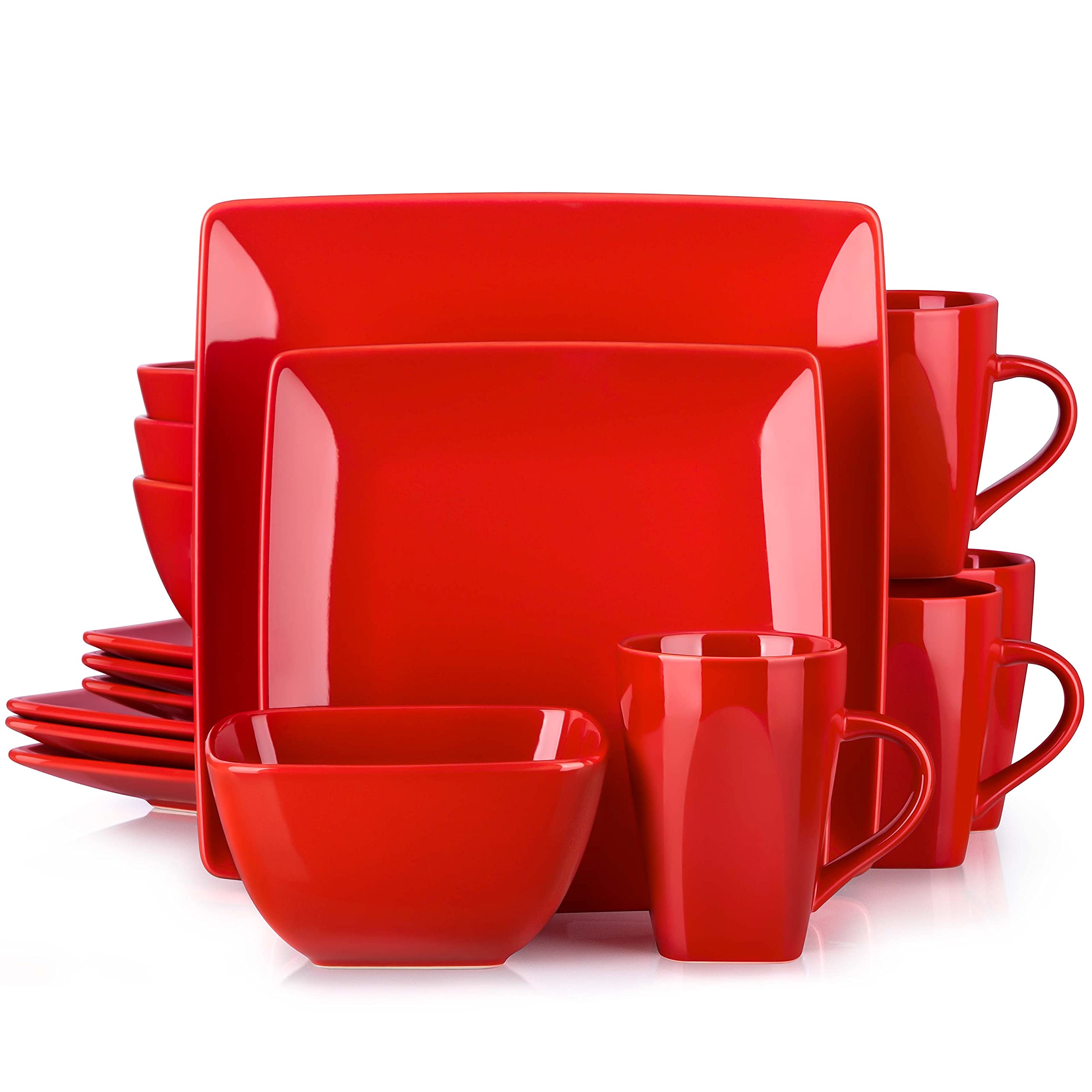 Vancasso SOHO 16-Piece Stoneware Dinnerware Set - Square Red Plates & Bowls for 4, Includes Dinner Plates, Dessert Plates, Bowls & Mugs - Perfect for Family Dining, Restaurants & Special Occasions