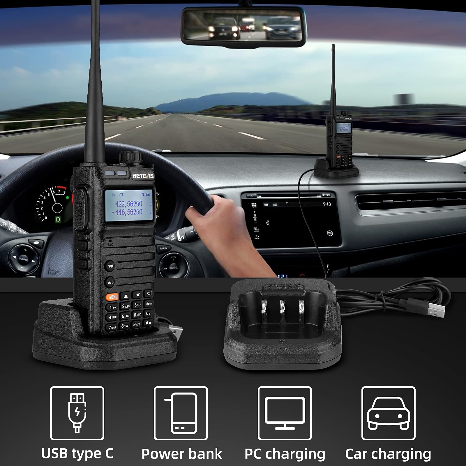 Retevis RA685 Dual Band Walkie Talkie - 5W High Power Long Range Two Way Radio with 1800mAh Rechargeable Battery, Flashlight & FM Radio - Perfect for Beginners, Hunting, Camping & Outdoor Adventures (Black, 1 Pack)