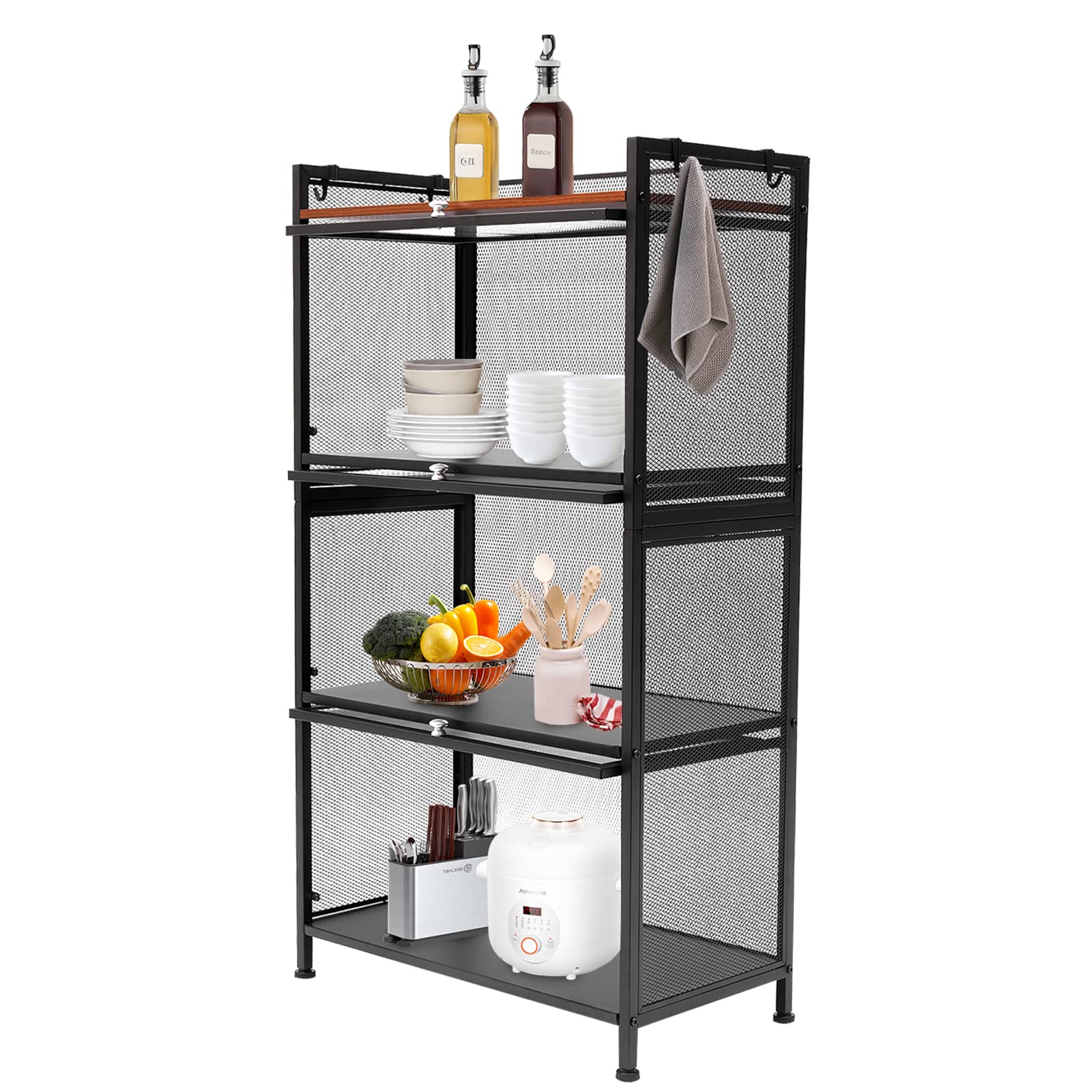 4-Tier Black Kitchen Storage Rack with Hooks - Bread Rack, Coffee Station & Microwave Organizer for Dishes, Pots & Pans - Stylish 43