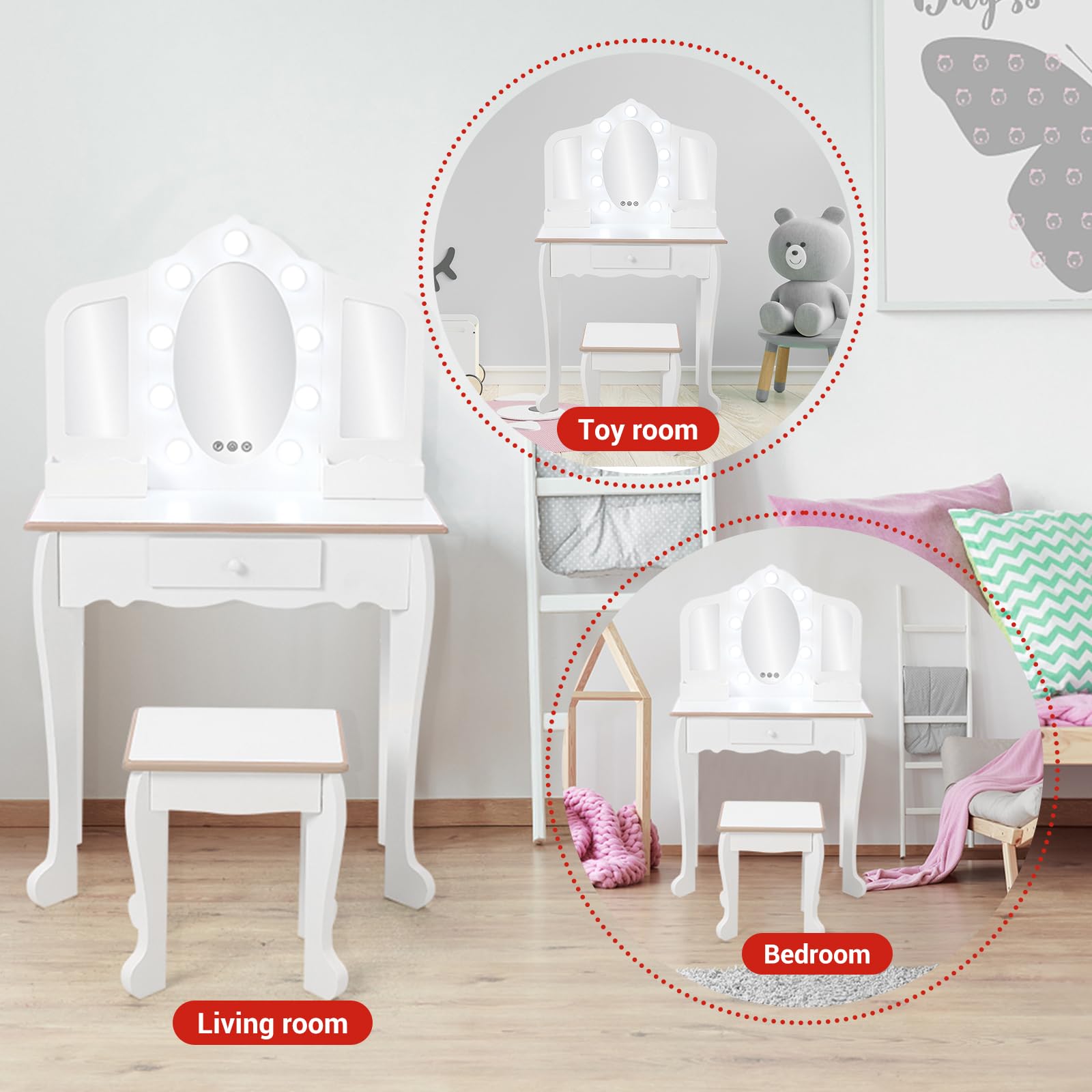 Kids Vanity Set with Light & Mirror - Wooden Princess Makeup Dressing Table with Stool, Drawer & Pretend Makeup Toys - Perfect for Girls Bedroom, Birthday Gift & Pretend Play (Batteries Not Included)