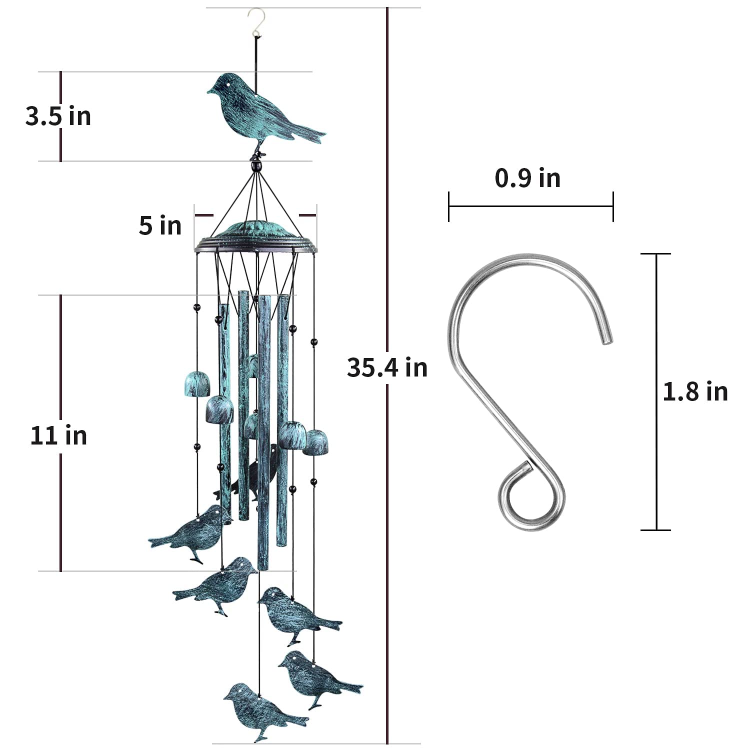 Monster QE Bird Wind Chimes for Outdoor Decor - 4 Large Aluminum Tubes with S Hook - Perfect for Garden, Patio, Backyard & Porch - Creates Soothing Sounds for Relaxation & Meditation