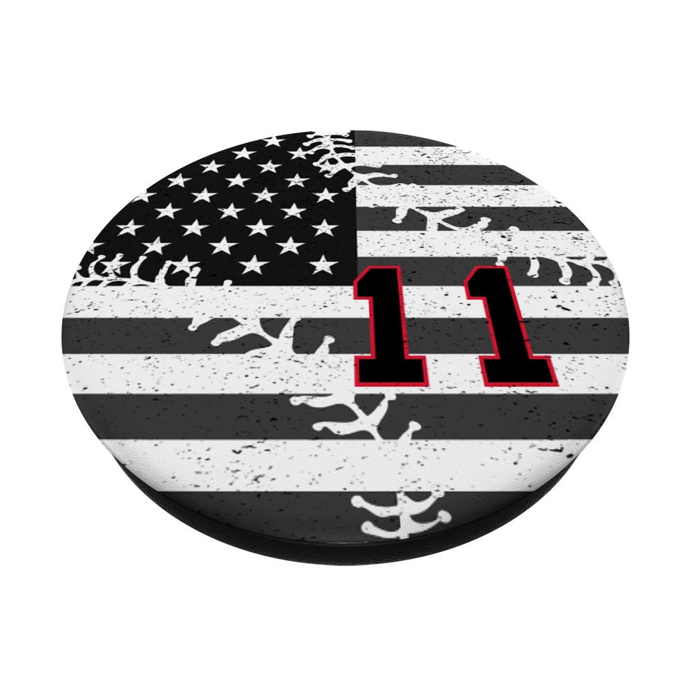 American USA Flag Baseball Number 11 Black Red PopSockets PopGrip - Swappable Phone & Tablet Grip for Sports Fans & Patriotic Enthusiasts - Perfect for Game Days, Travel, and Everyday Use