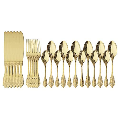 Premium 24-Piece Black Vintage Flatware Set - 304 Stainless Steel Knife Fork Spoon Cutlery Set - Elegant Gold Trim Western Dinnerware for Formal Dining, Wedding Gifts & Luxury Table Setting (Champagne Color)