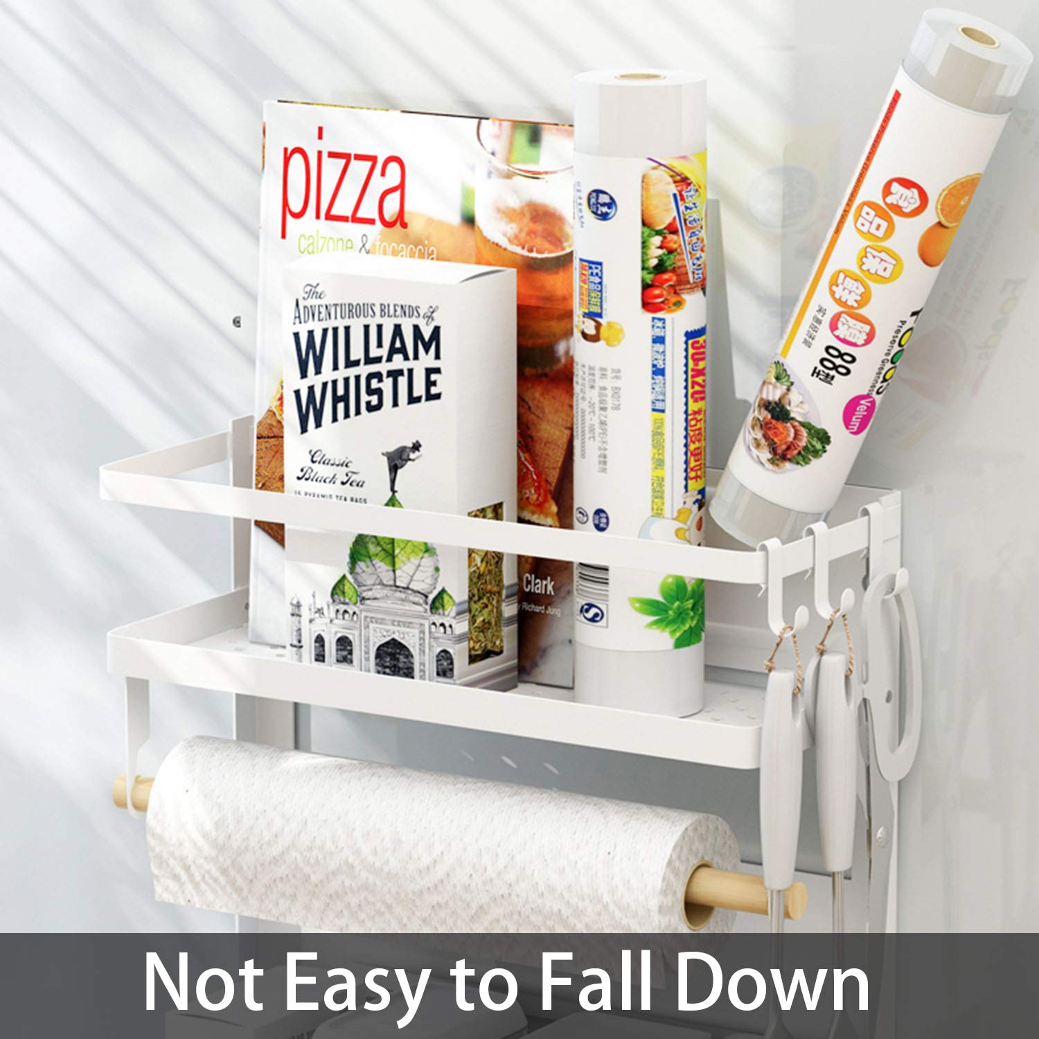 EASTTOWEST Magnetic Spice Rack - 4 Tier Kitchen Organizer with 2 Paper Towel Holders & 5 Removable Hooks - Matte White Refrigerator Storage Shelf for Spices, Condiments & Kitchen Essentials - Perfect for Small Spaces & Apartment Living