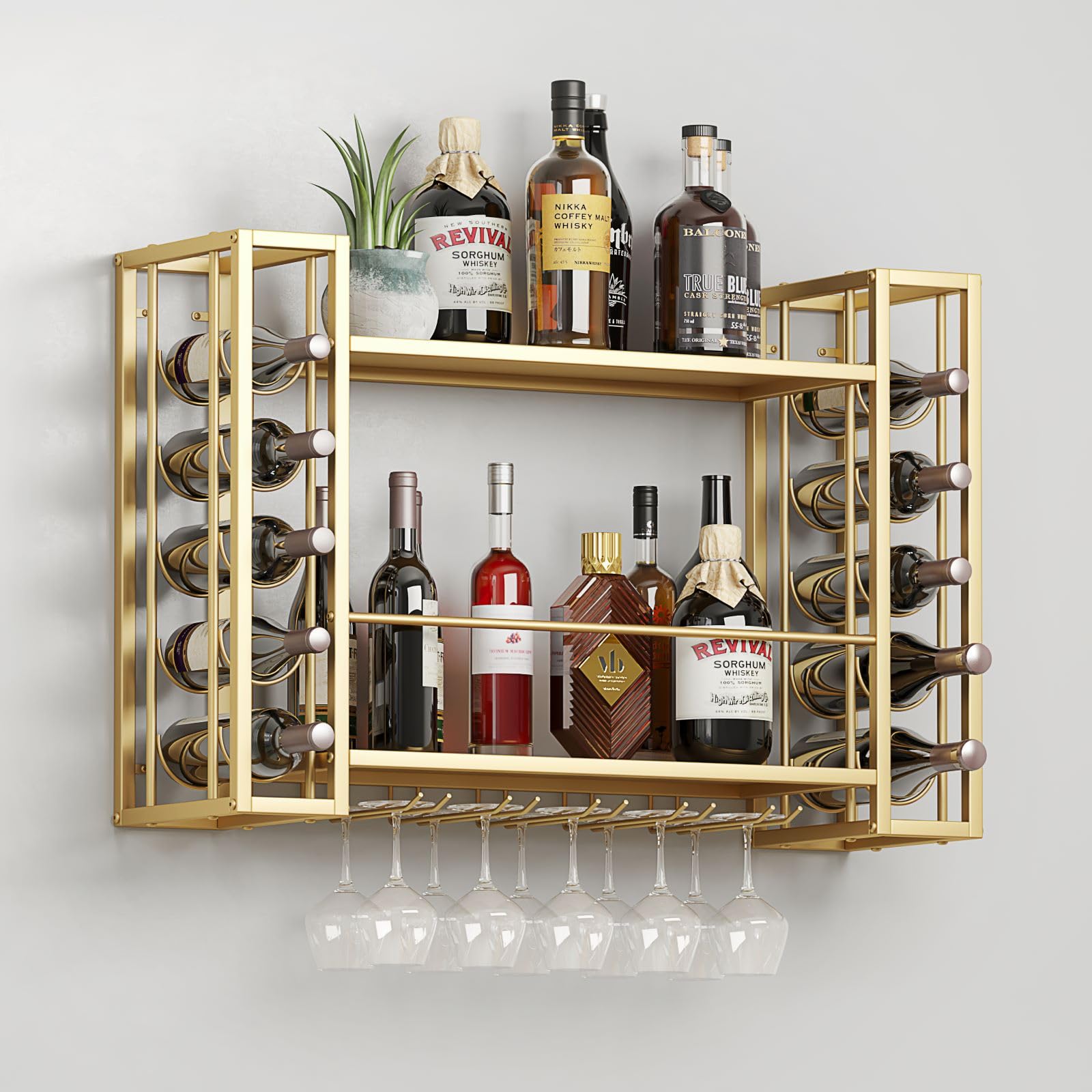Wall Mounted Wine Rack - Floating Bar Shelf with Glass Holder | Metal Bottle Storage Display for Home Bar in Gold | Perfect for Kitchen, Dining Room & Entertainment Areas