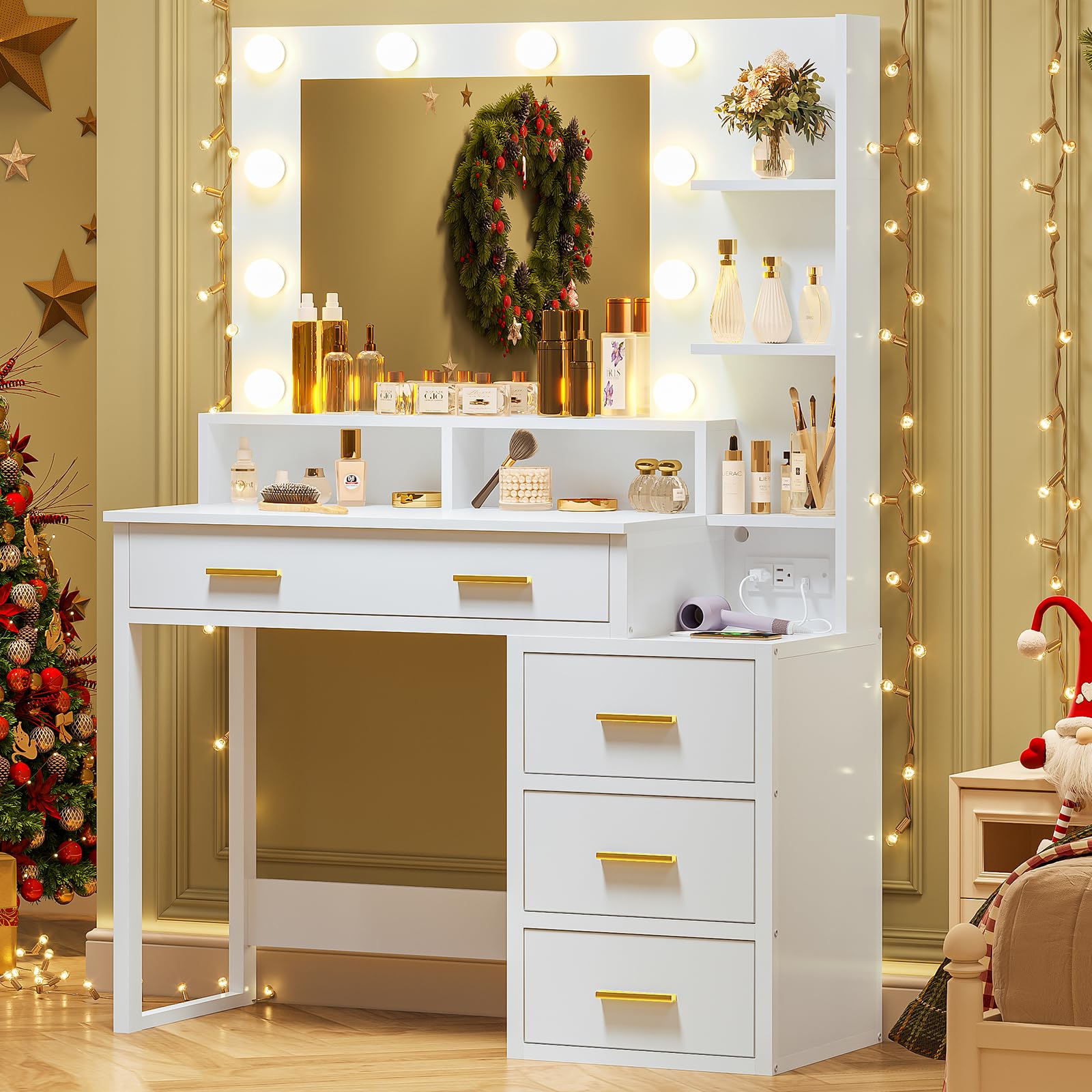 Modern White Makeup Vanity Set with 10 LED Bulbs & 3 Lighting Modes - Adjustable Mirror, 2 USB Ports, Outlets, Storage Shelves & Drawers - Perfect for Bedroom, Dressing Room & Beauty Salon