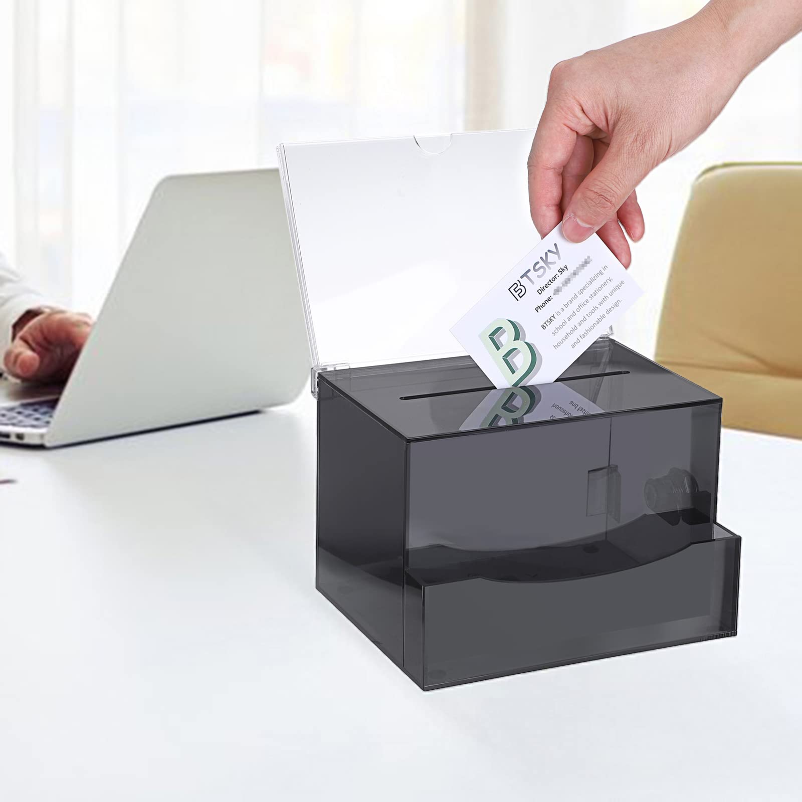 BTSKY Lockable Acrylic Suggestion Box with Sign Holder - Clear Black Donation Collection Box for Office Voting, Ballots & Mail - Secure Removable Slot for Signs & Documents | Ideal for Offices, Schools & Community Centers