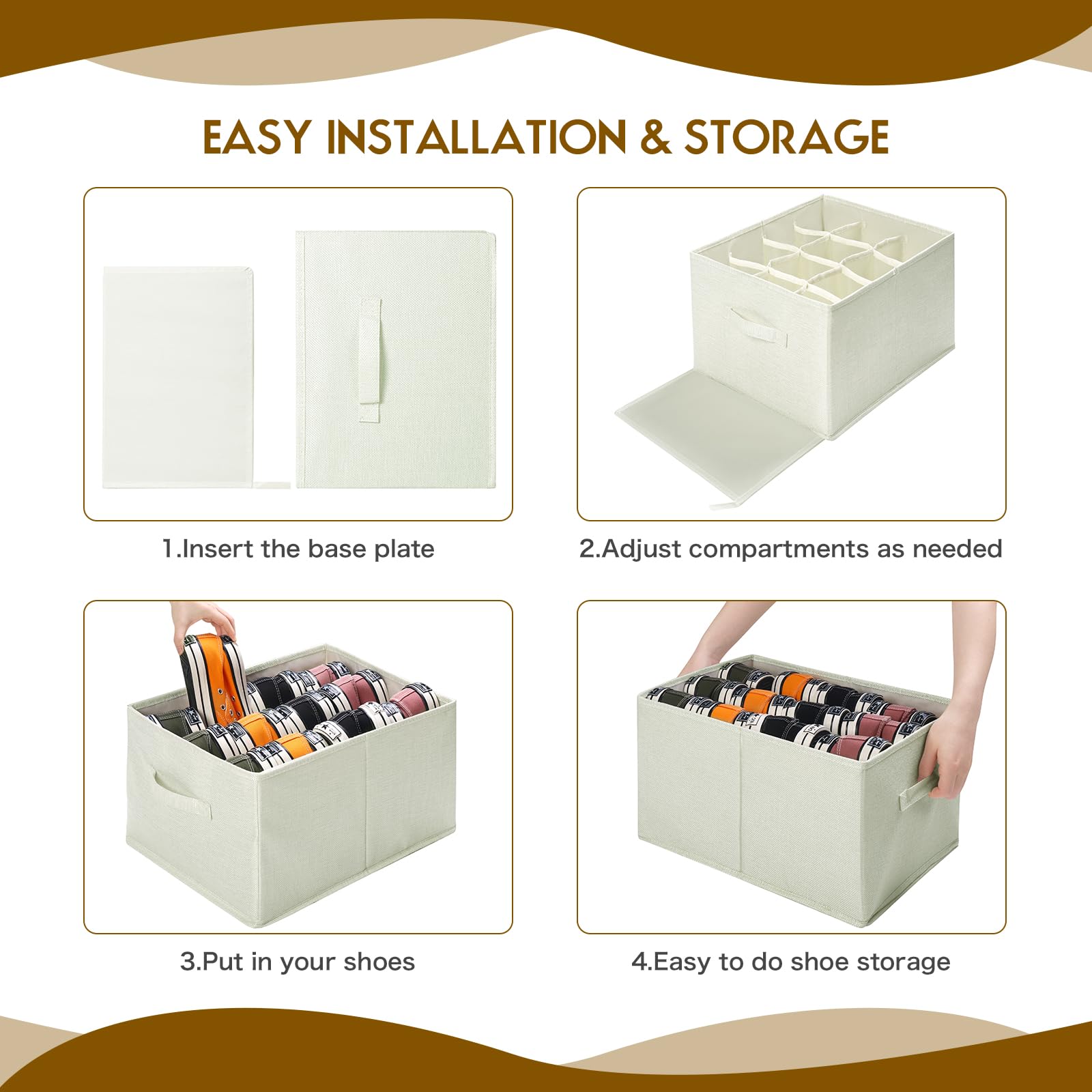 3 Pack Fabric Shoe Organizer for Closet - Foldable Storage Bins Holds 36 Pairs, Cube Cabinet with Reinforced Handles (Beige, 16.5