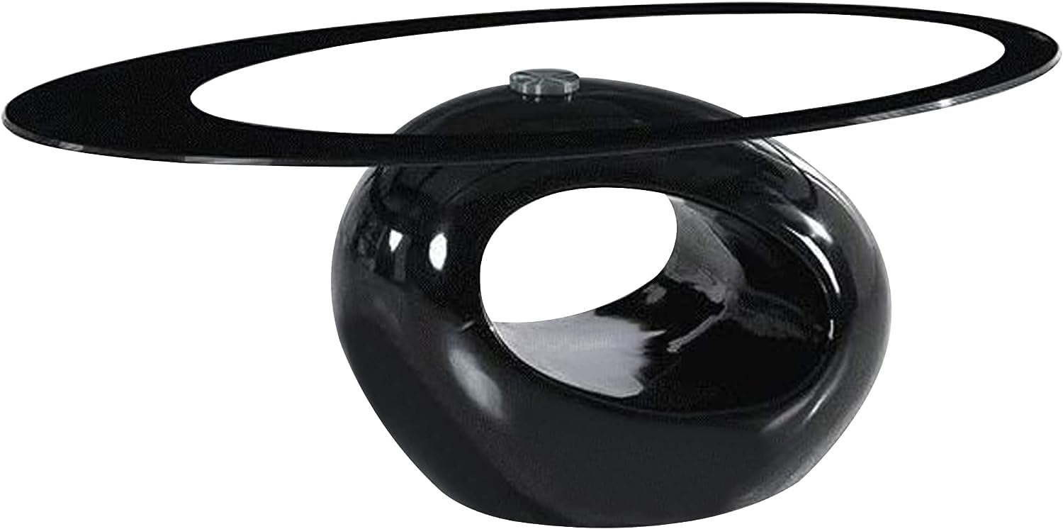 Modern Black Oval Glass Coffee Table with Round Hollow Base - Stylish End Table for Living Room, Lounge & Office - Perfect for Small Spaces, Entertaining & Home Decor