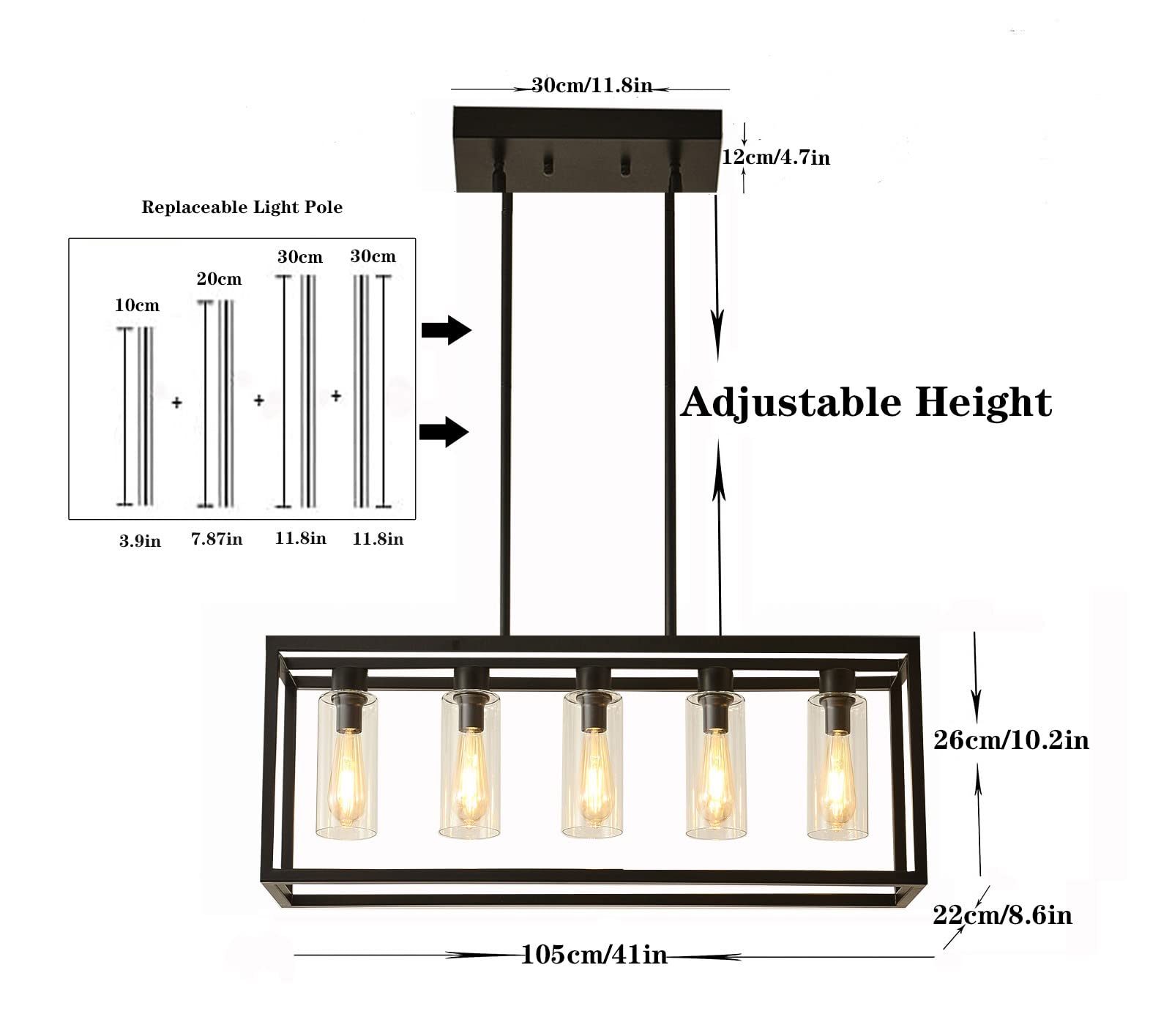 Modern Farmhouse Black Rectangle Pendant Light - Adjustable Kitchen Island Lighting with Glass Shade for Dining Room & Breakfast Nook | Contemporary Chandelier for Rustic & Industrial Decor