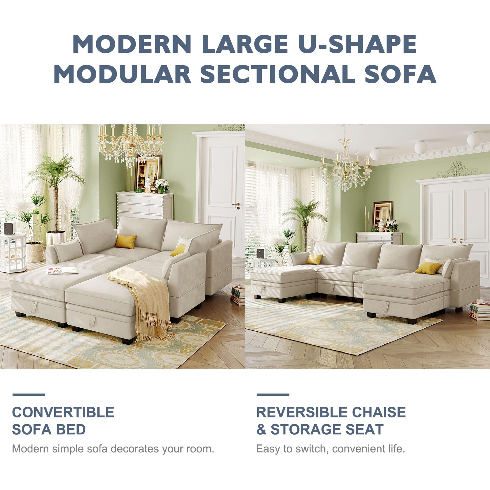 **Large Modular Sectional Sofa - U-Shaped 6-Seater Convertible Sleeper Sofabed with Storage | Soft Upholstered Symmetrical Design for Home, Office, Apartment & Living Room | Perfect for Family Gatherings, Movie Nights & Guest Accommodation**