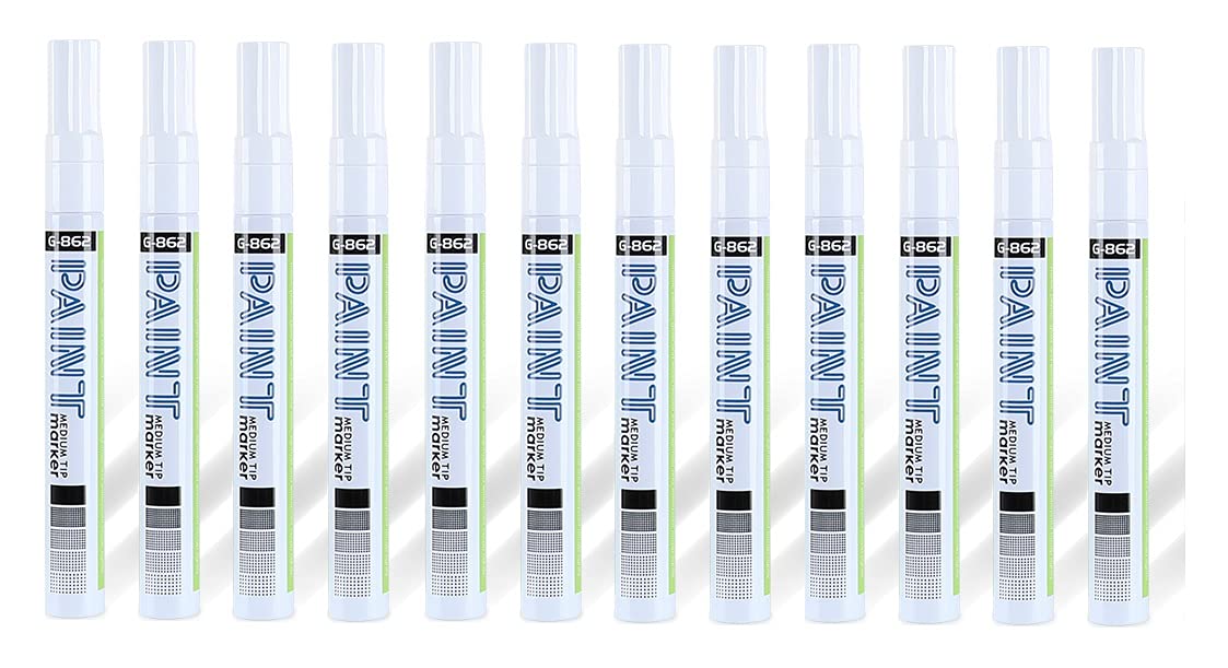 GXIN 12 Pack White Oil-Based Paint Pens - Medium Tip Permanent Metallic Markers for Rocks, Ceramic, Glass & Wood - Waterproof Art Supplies for DIY Crafts, Home Decor & Gift Customization