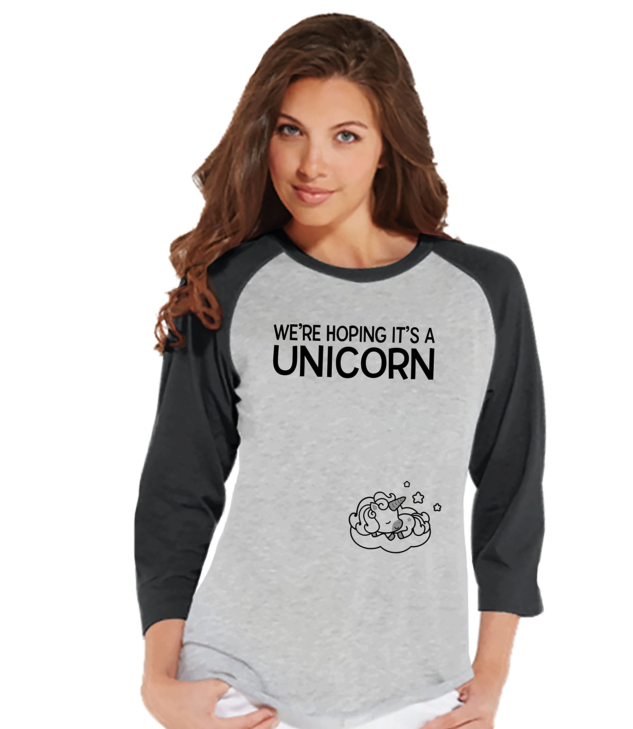 7 ate 9 Apparel Women's Pregnancy Announcement Unicorn Raglan Tee - Cute Maternity Shirt for Baby Reveal, Gender Reveal Party & Pregnancy Photos