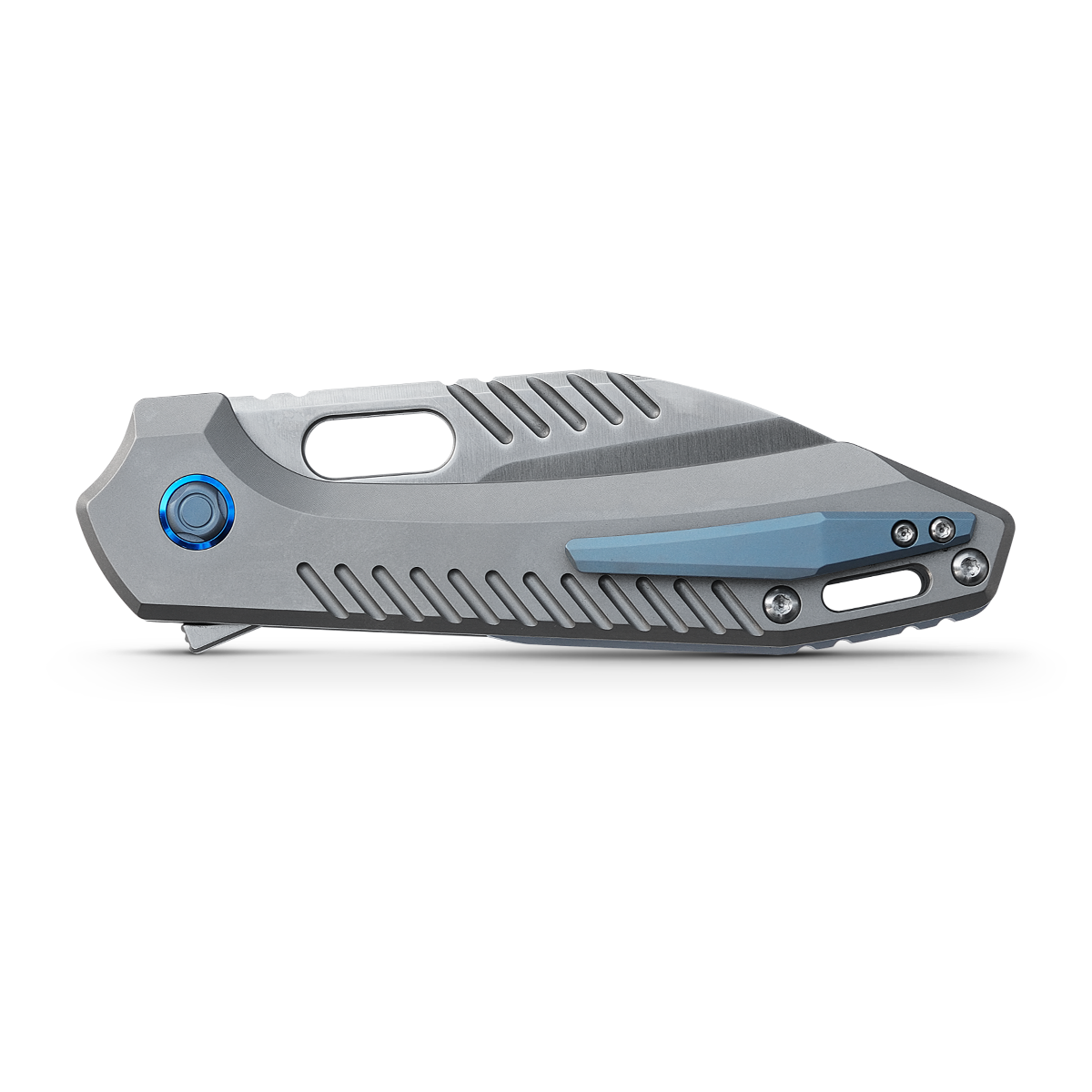 WMK Exclusive Vosteed RSKAOS Folding Knife - Gray Titanium Handle with Blue Hardware & ELMAX Wharncliffe Blade | EDC, Outdoor, Camping, Survival Gear