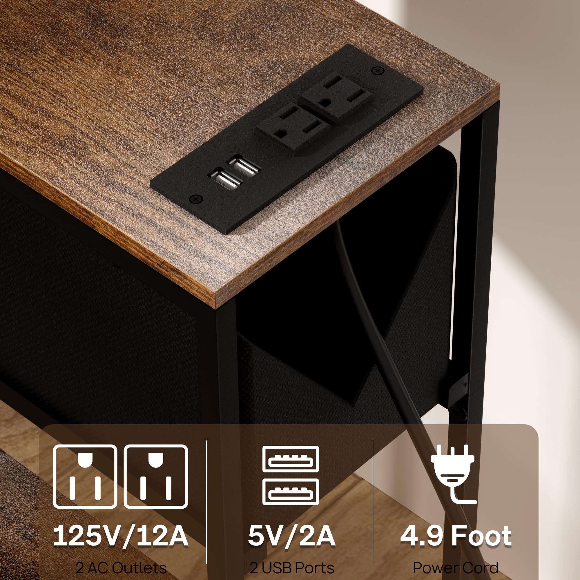Allinside Narrow Side Table - Slim End Table with Charging Station & Fabric Drawer for Small Spaces, Rustic Brown Nightstand with Storage | Perfect Bedside Table for Living Room, Bedroom, Dorm & Apartment | Space-Saving Furniture for Compact Areas