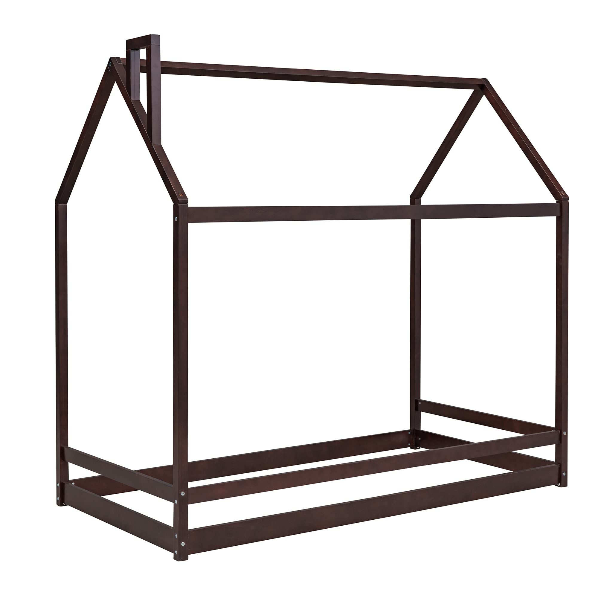Twin Size Wooden House Bed Frame - Espresso House-Shaped Floor Bed for Teens & Adults, No Box Spring Needed - Perfect for Bedrooms, Dorms & Kids' Rooms