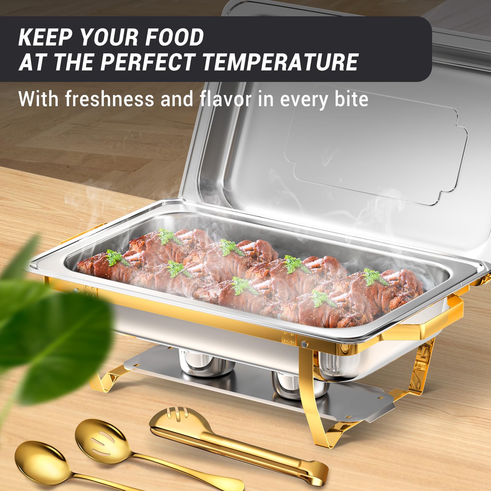 8 Qt Premium Stainless Steel Chafing Dish Buffet Set - 4 Pack with 7 Pans, Rolled-Edge Design for Food Warming - Perfect for Parties, Weddings, Catering, Camping & Outdoor Events (Half Gold Finish)