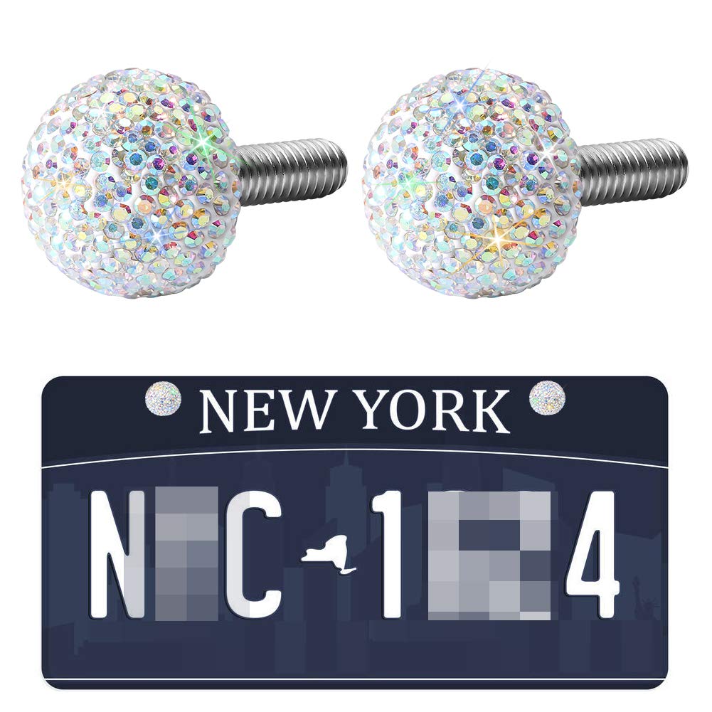 SAVORI Universal License Plate Frame Screws Bolts Kit with Crystal Rhinestone Anti-Theft Metal Fastener Caps Cover - Bling Car Accessories Decor 2PCS (AB Color) for Enhanced Vehicle Style and Security