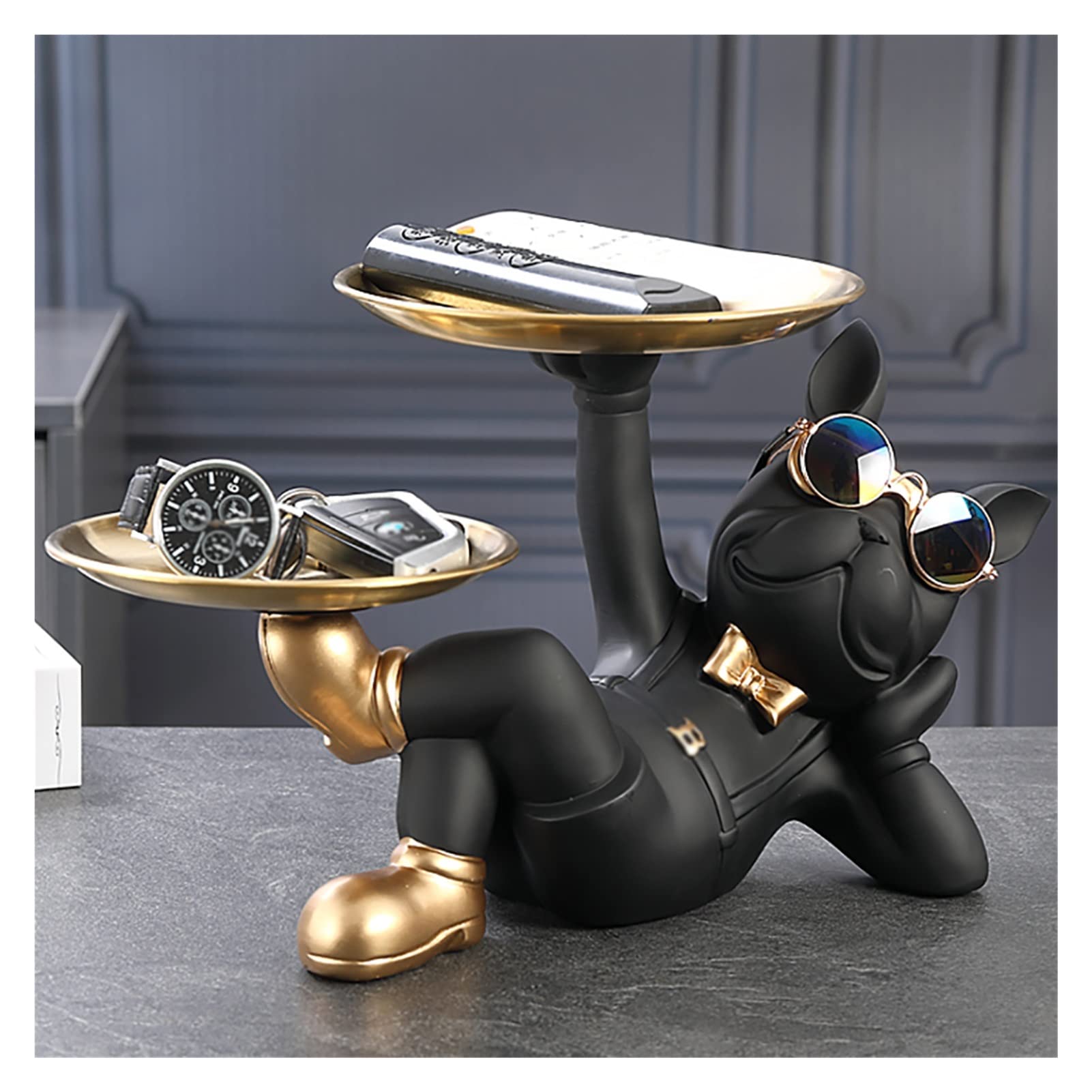 French Bulldog Figurine with Stainless Steel Tray - Key, Snack, Perfume Holder - Home & Office Desk Decor for Jewelry, Candy, and Accessories Organization (Black) - Perfect for Gifts, Party Favors, and Stylish Home Décor