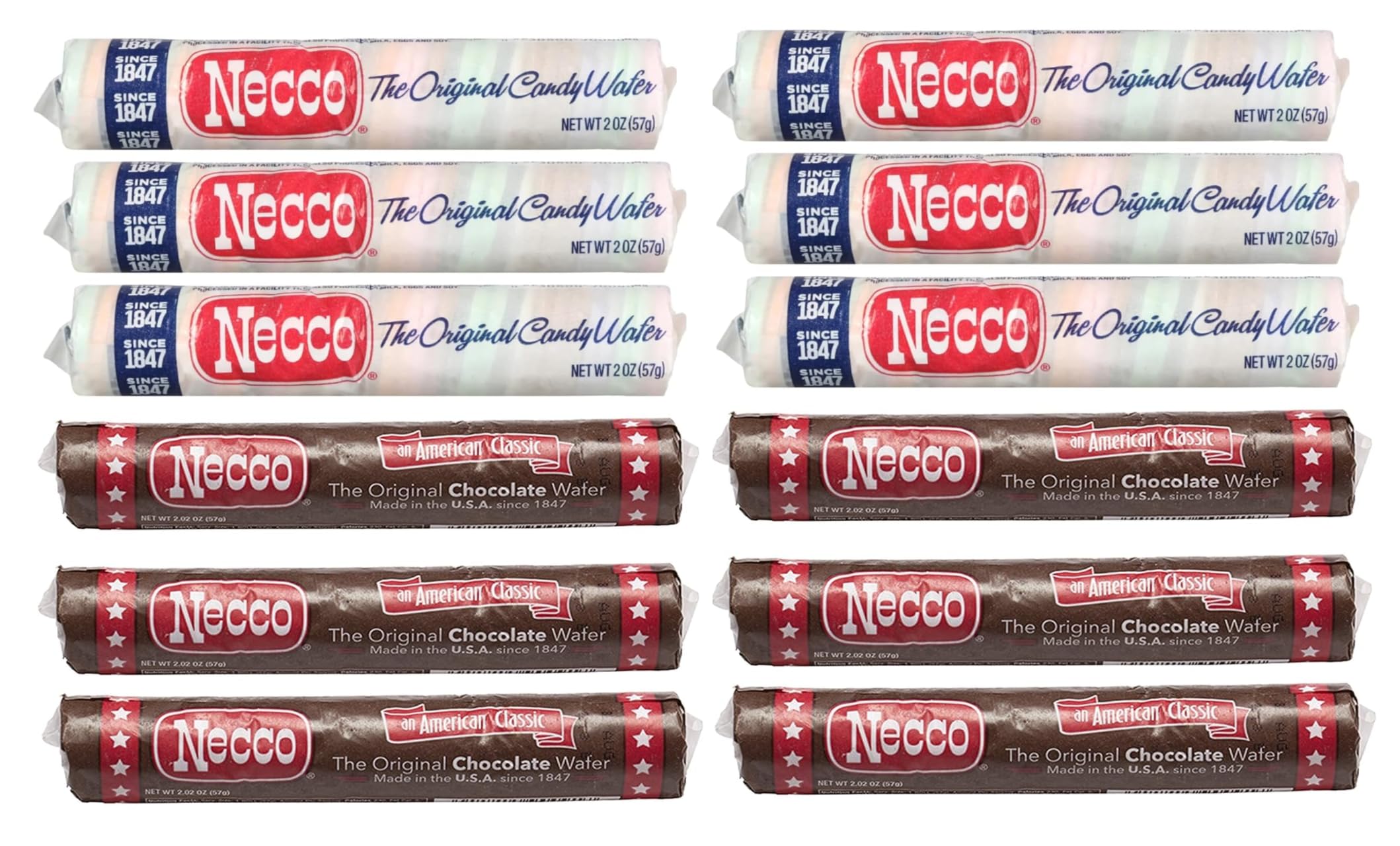 Necco Wafers Variety Pack - 12 Rolls (6 Chocolate & 6 Assorted Flavors) | Original Wafer Candy | Classic American Treat for Parties, Gifts & Nostalgic Snacking