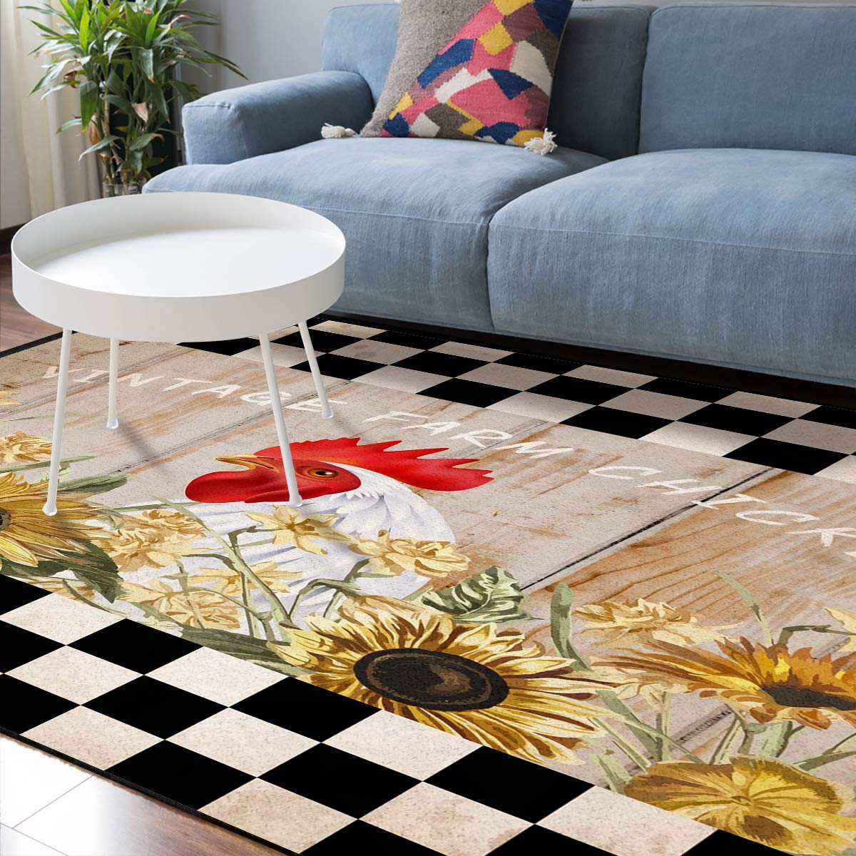 Sunflower Chicken Large Area Rug 5'x8' Non-Slip Farmhouse Decor Carpet for Living Room, Bedroom & Kids Room | Machine Washable Rectangle Rug with Rooster Plaid Design | Perfect for Farmhouse Style Homes & Nursery Decor