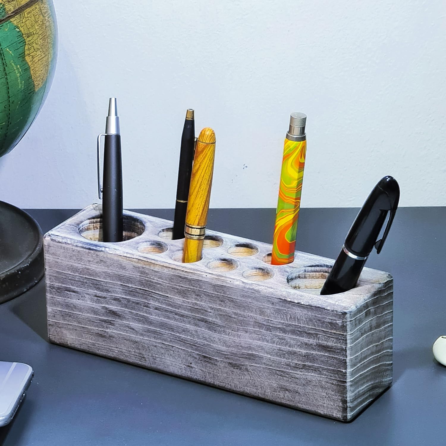 Rustic Whitewashed Wooden Pen Holder - Grey Solid Wood Desk Organizer for Office & Home | Perfect for Paint Brushes, Markers, and Art Supplies Storage | Ideal for Artists, Students, and Workspaces