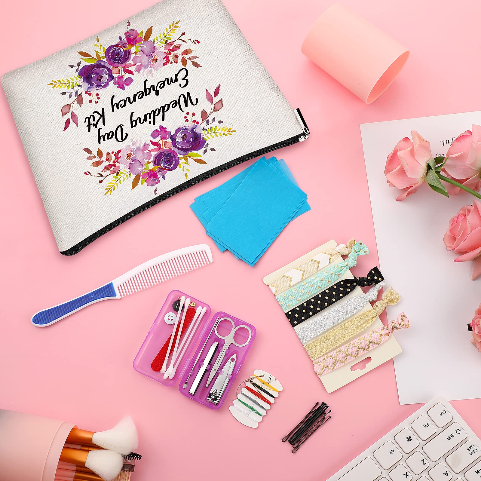 Elegant Floral Wedding Survival Kit - Essential Bride Emergency Supplies with Makeup Bag | Perfect Bridal Shower Gift, Engagement Present & Wedding Day Must-Have for Brides (Great for Outdoor Weddings, Destination Weddings & Last-Minute Emergencies)